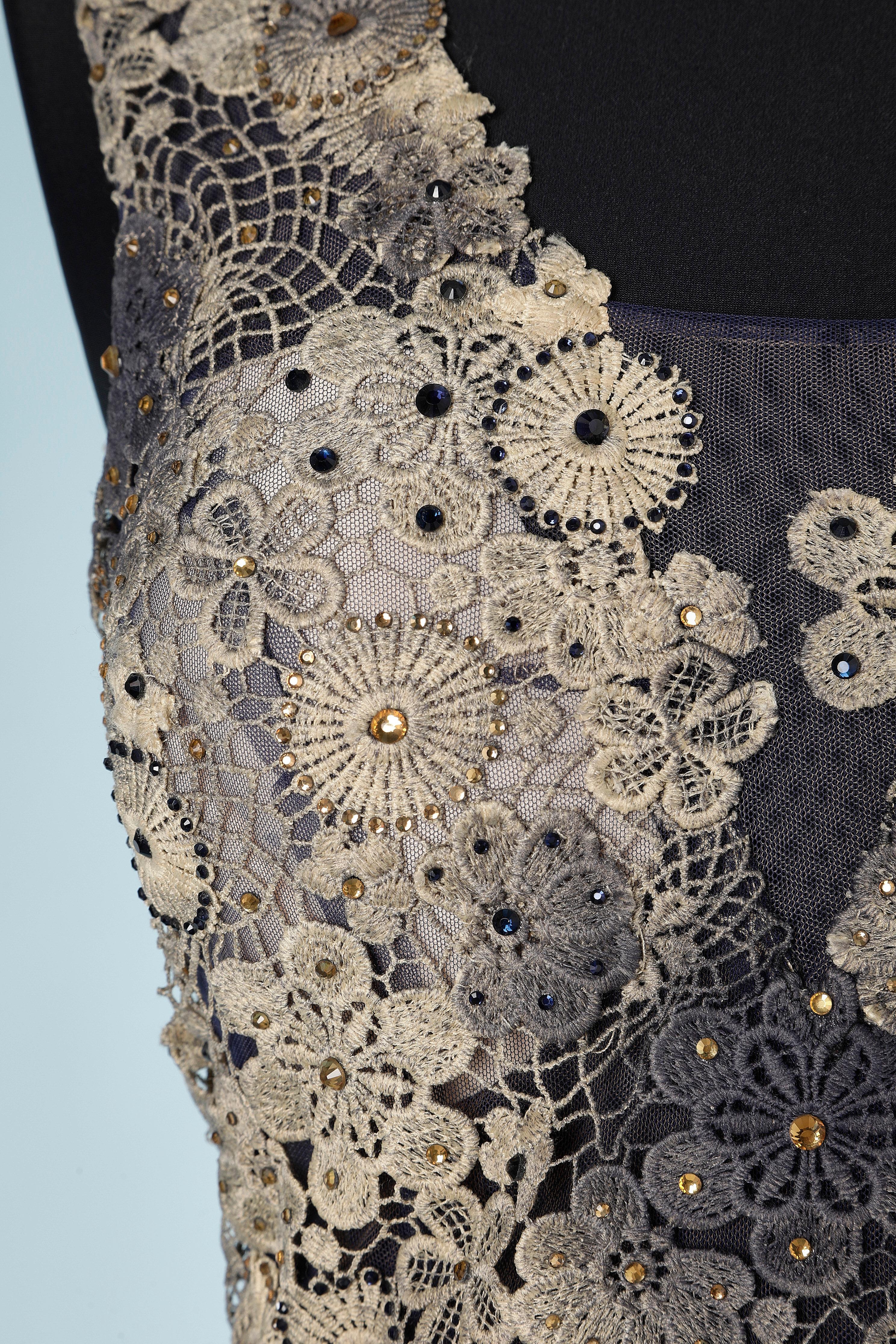 Black Evening dress with rhinestone and emboidered on a tulle base Gai Mattiolo For Sale