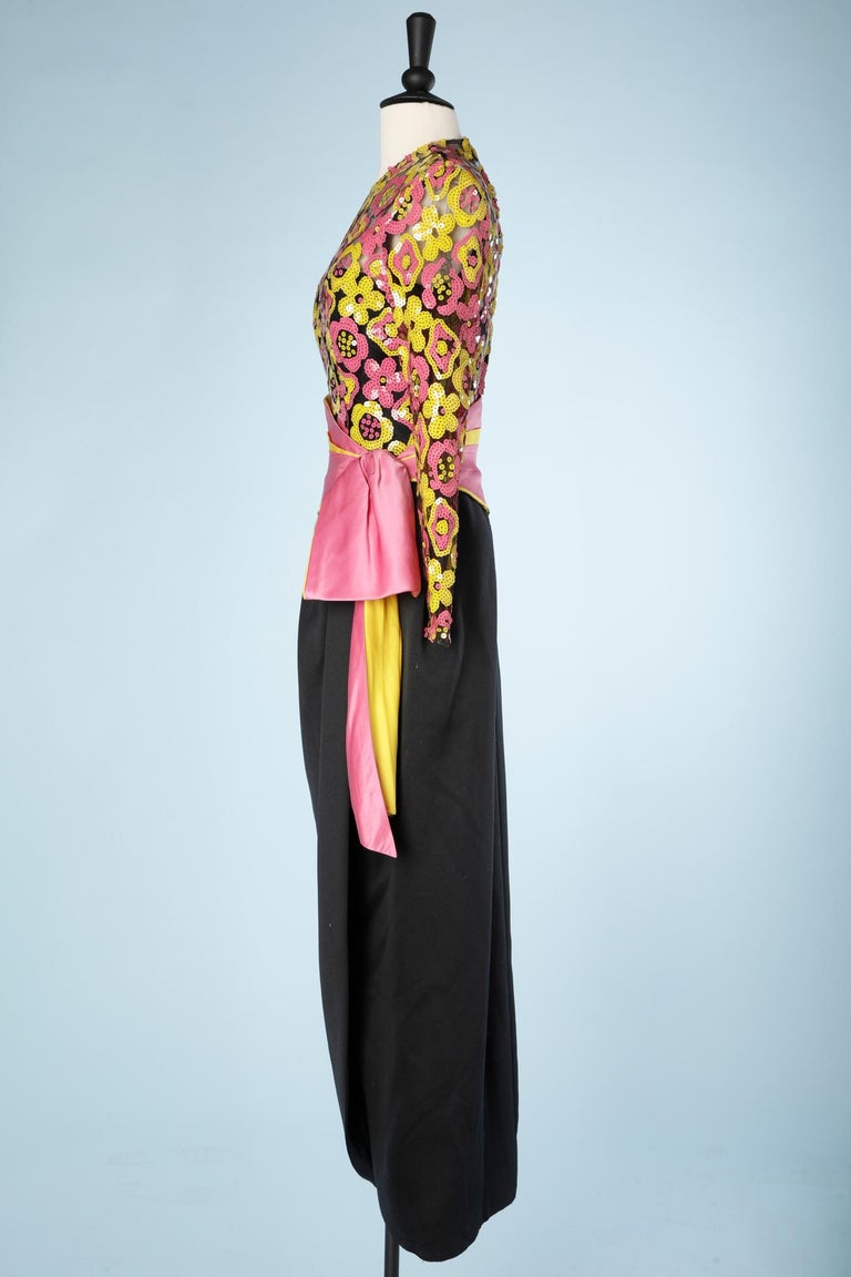 Women's Evening dress with yellow and pink sequin and black satin Victor Costa  For Sale