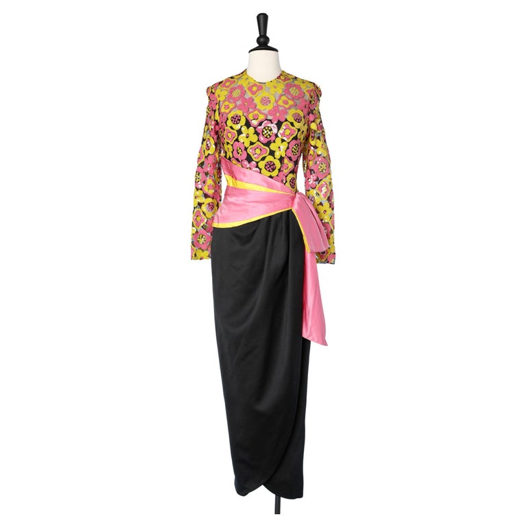 Evening dress with yellow and pink sequin and black satin Victor Costa  For Sale