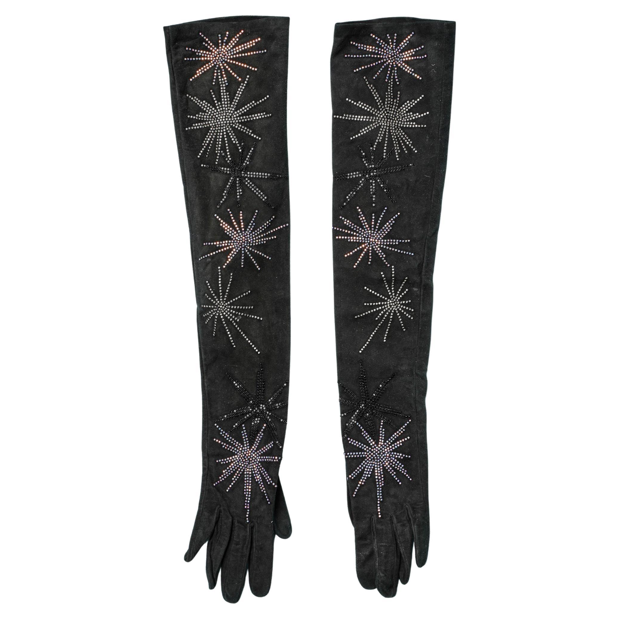 Evening gloves in black suede and rhinestone Daniel Swarovski For Sale
