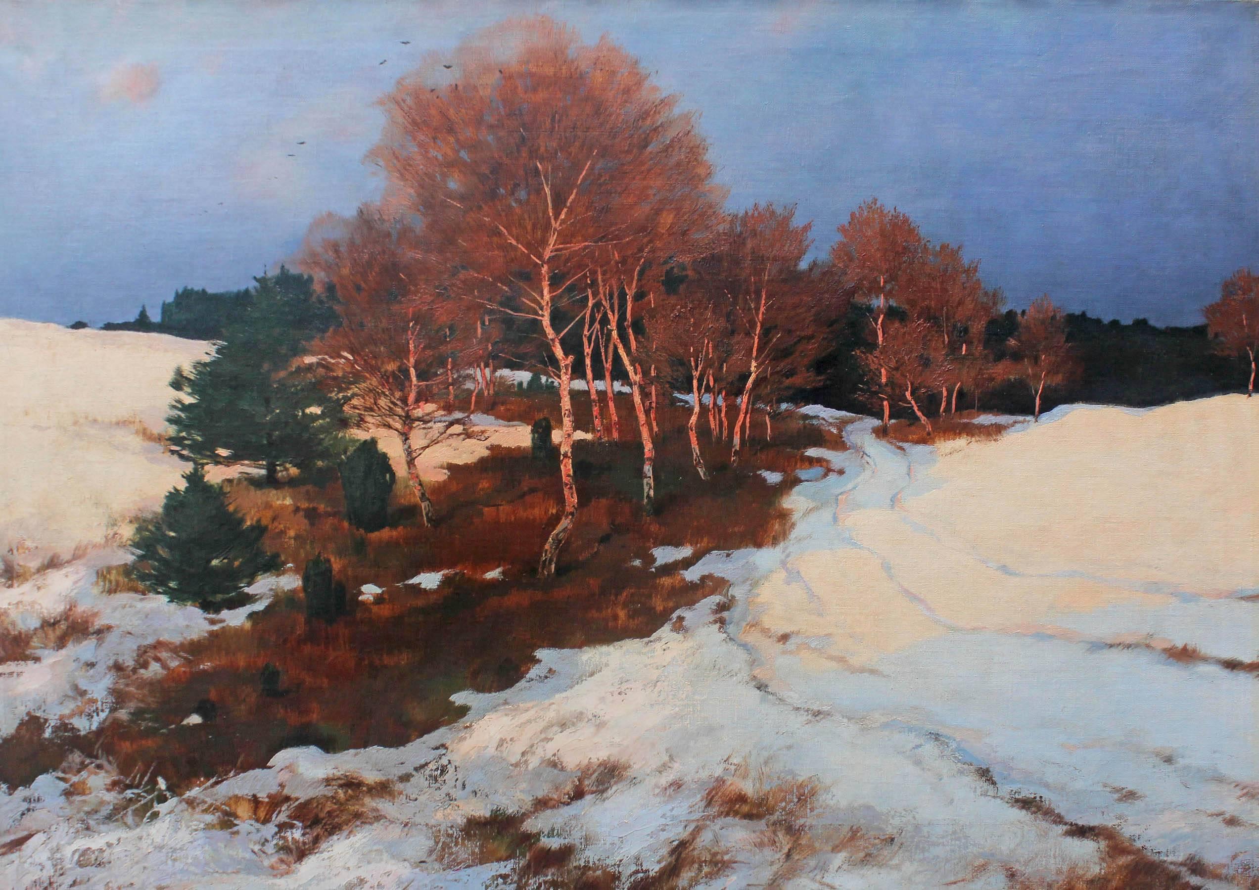A large dramatic impressionist oil painting of sunlit birch trees with a vivid blue sky. Painted by Rudolf Hermanns. Oil on canvas, circa 1920. Unframed.
Hermanns was born in 1860 the son of the actress Clara Behrens (1840-?) and the opera singer