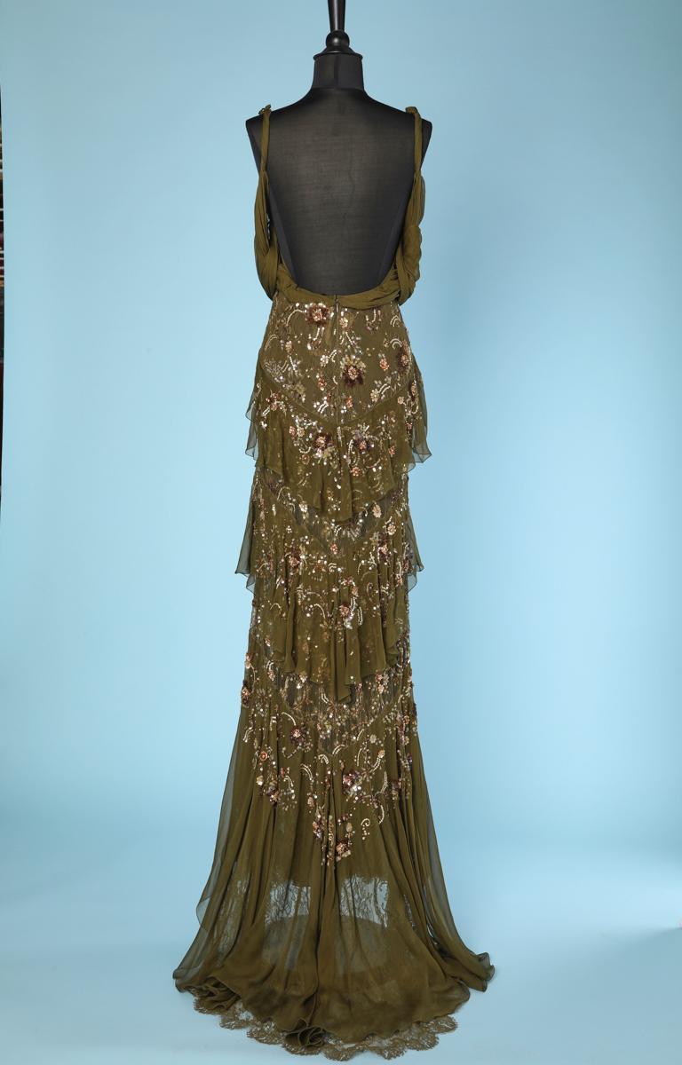 Evening gown in pearl sequined lace chiffon long dress by John Galliano In New Condition In Saint-Ouen-Sur-Seine, FR