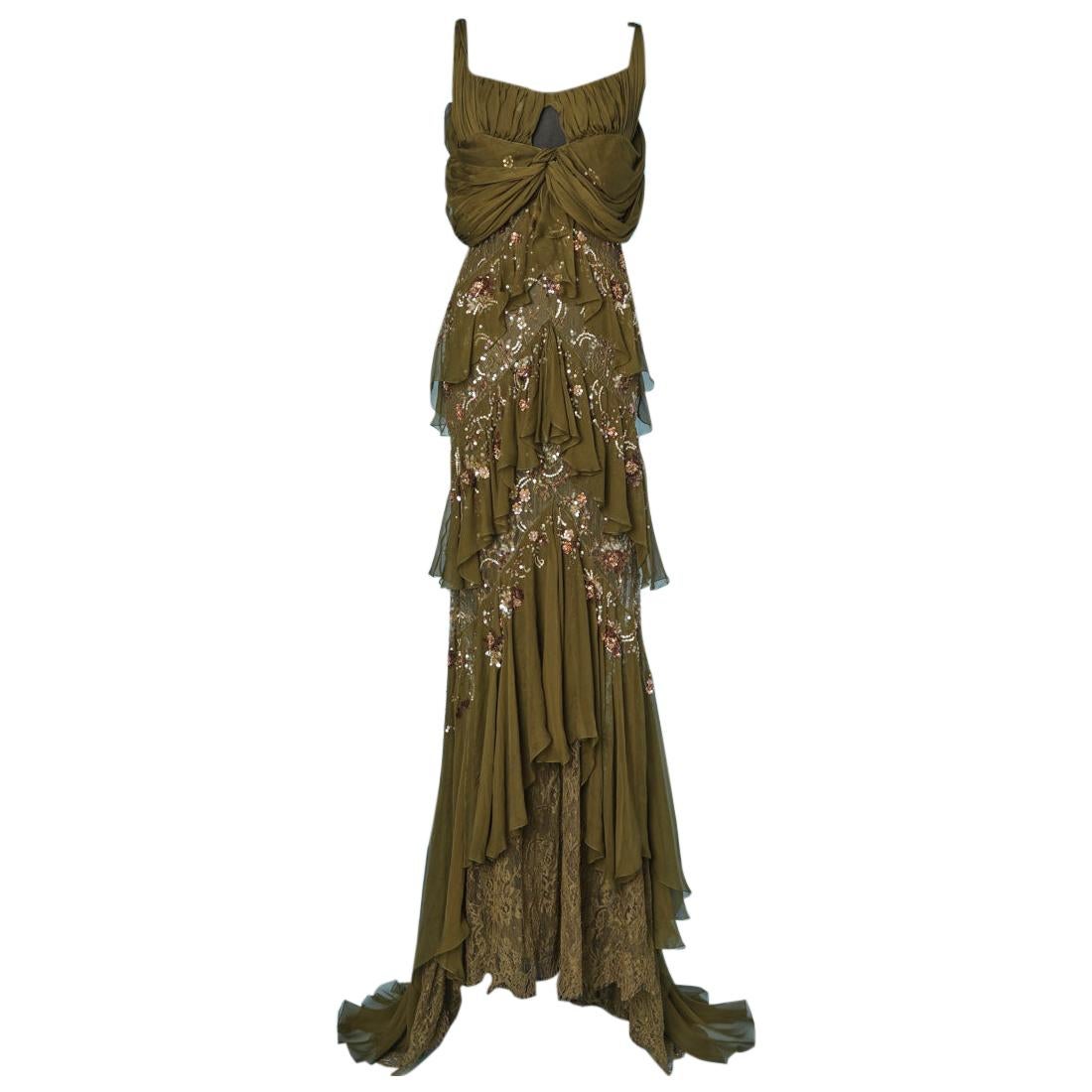 Evening gown in pearl sequined lace chiffon long dress by John Galliano