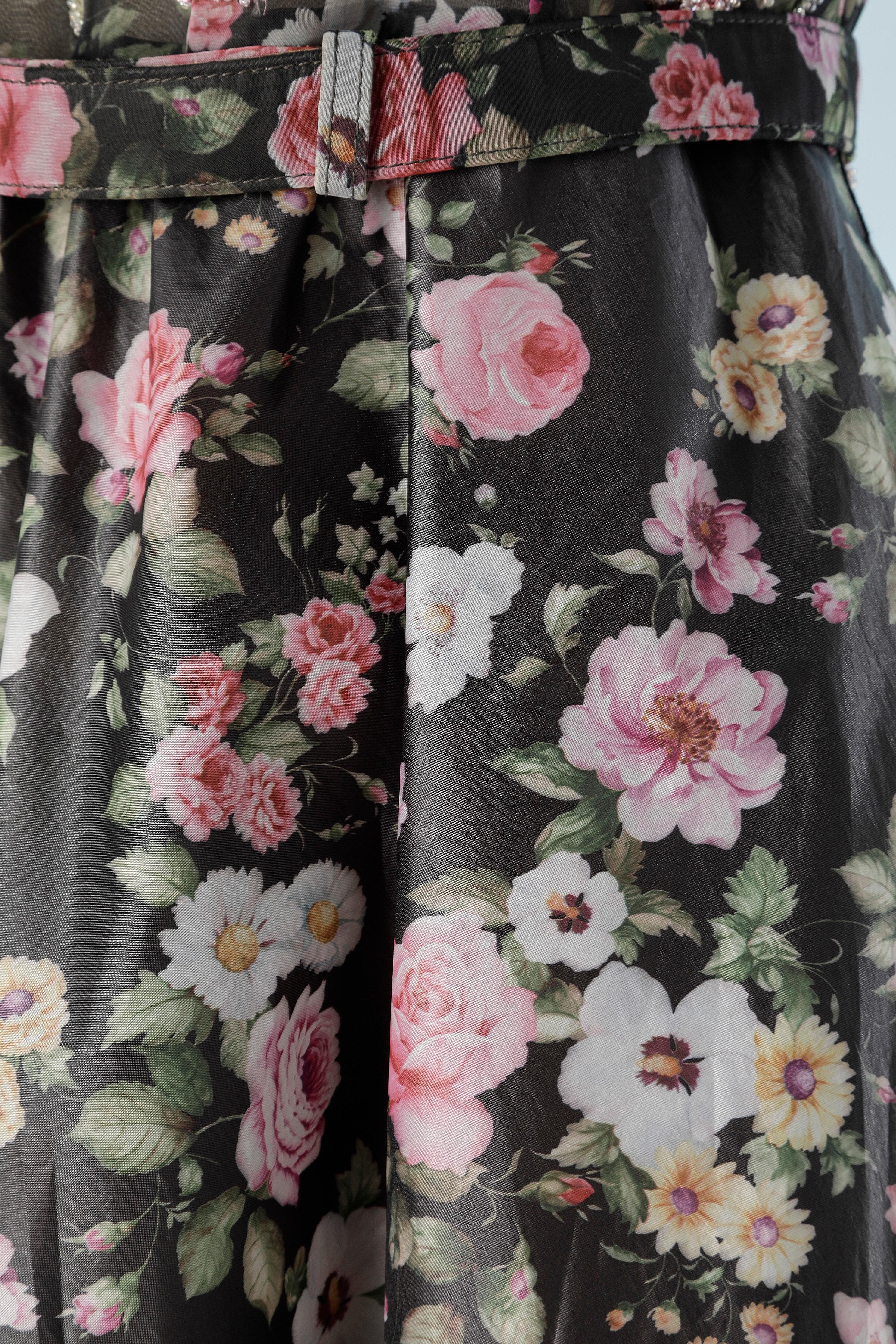 Robe de soirée avec imprimé floral, broderie et ceinture. Andr Laug  Excellent état - En vente à Saint-Ouen-Sur-Seine, FR