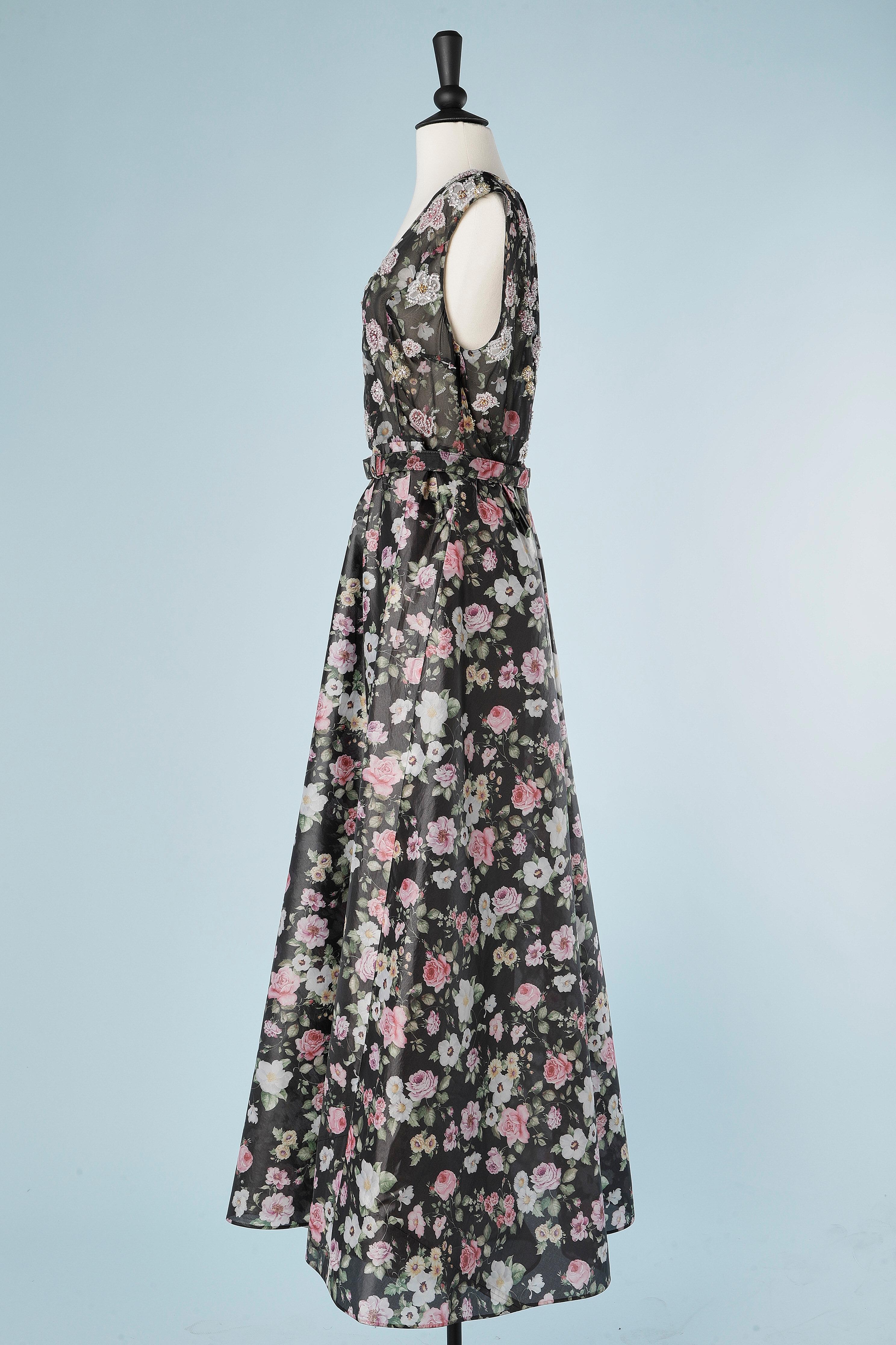 Evening gown with flower print and embroidery and belt. André Laug  For Sale 1