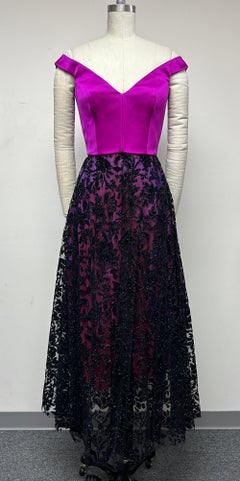 Fuchsia Satin Portrait Bodice with Black Velvet Embellished Full Skirt