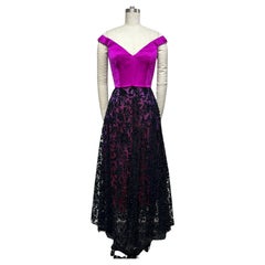 Vintage Fuchsia Satin Portrait Bodice with Black Velvet Embellished Full Skirt