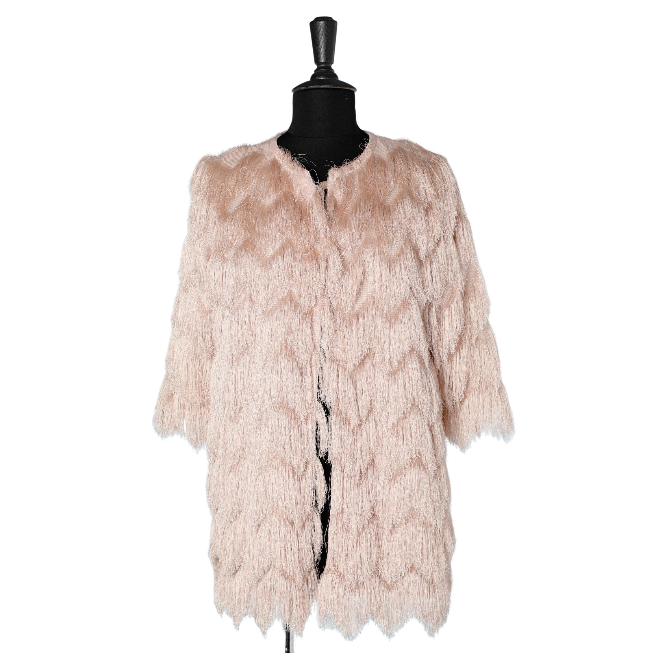 Evening jacket in pale pink silk threads fringes with silk jacquard lining