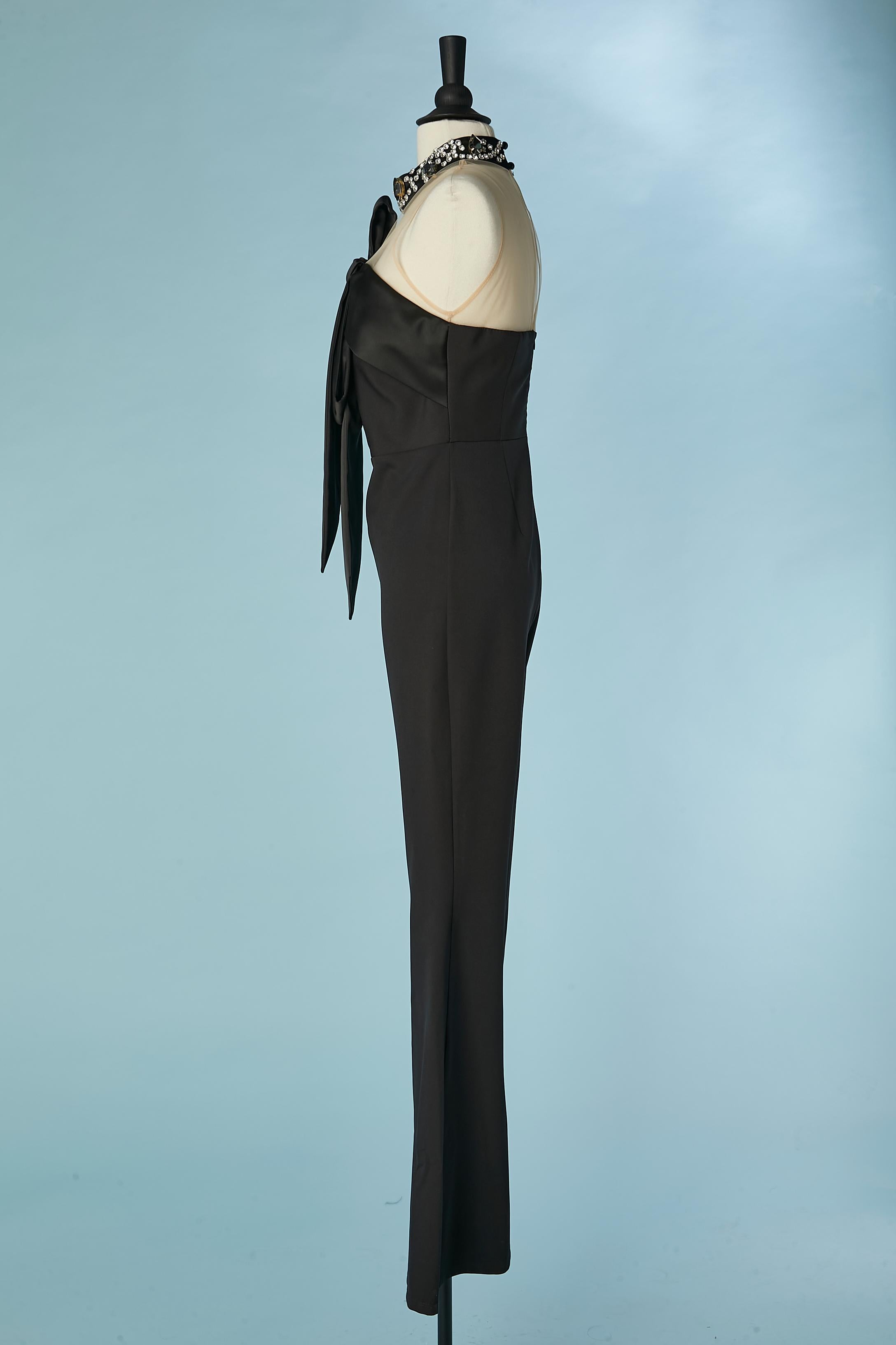 Evening jumpsuit with satin bow and rhinestone collar Gai Mattiolo Love to Love In Excellent Condition For Sale In Saint-Ouen-Sur-Seine, FR