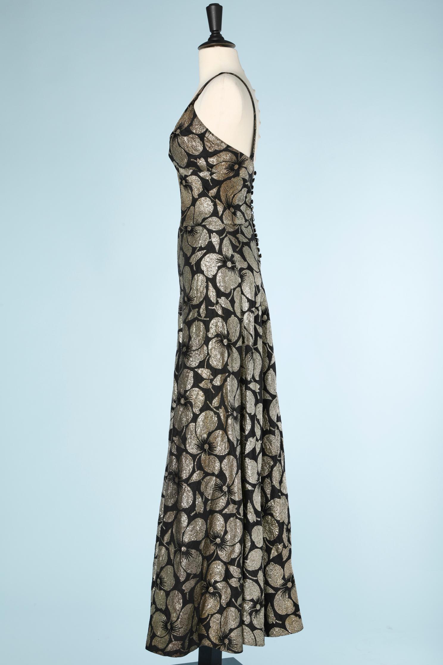 Evening long skirt-suit in black velvet and gold lurex brocade dress For Sale 4