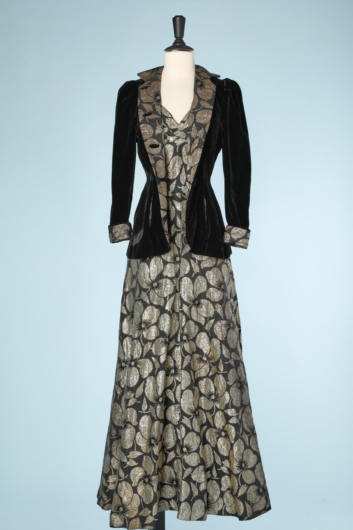 Black Evening long skirt-suit in black velvet and gold lurex brocade dress For Sale