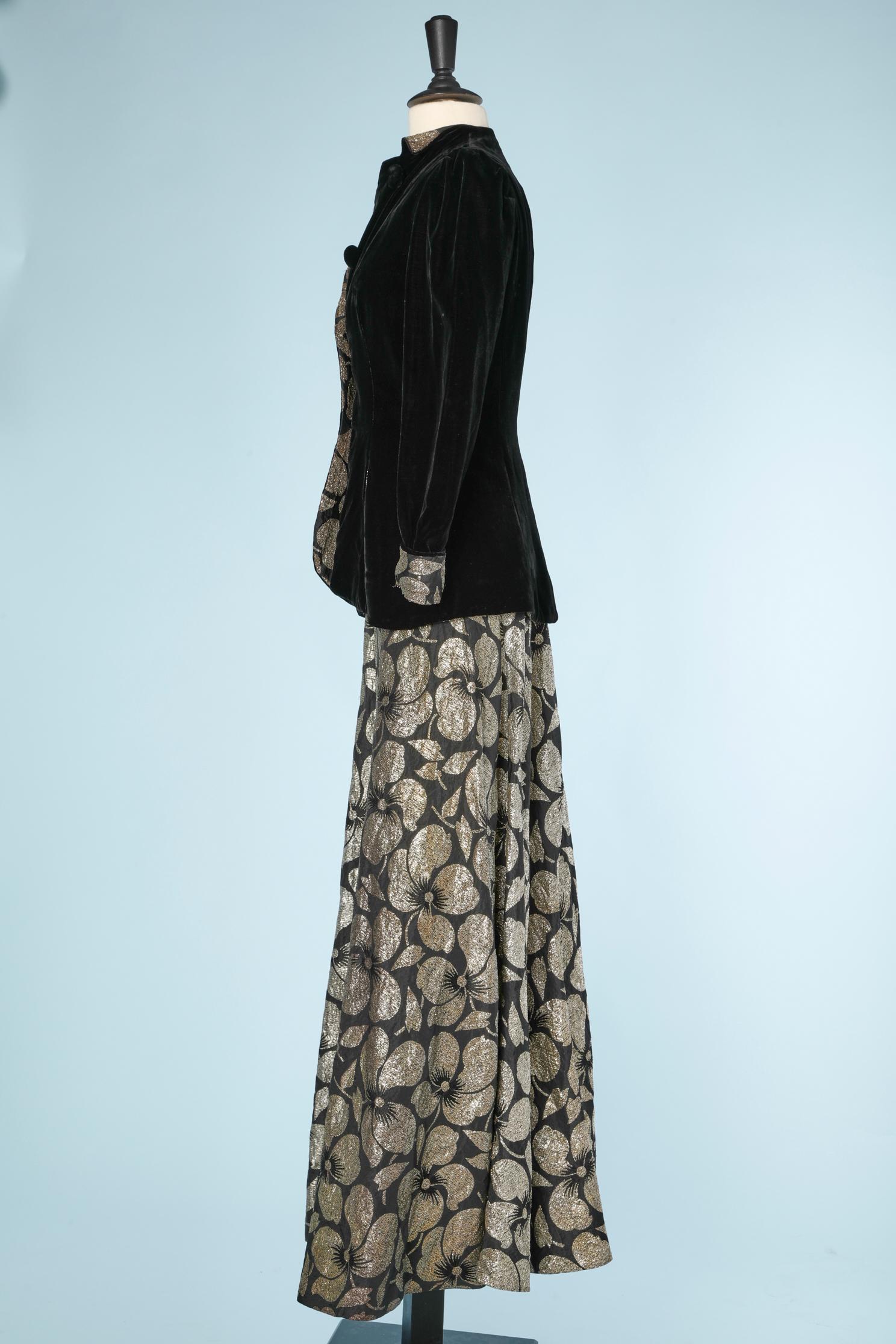 Evening long skirt-suit in black velvet and gold lurex brocade dress In Excellent Condition For Sale In Saint-Ouen-Sur-Seine, FR