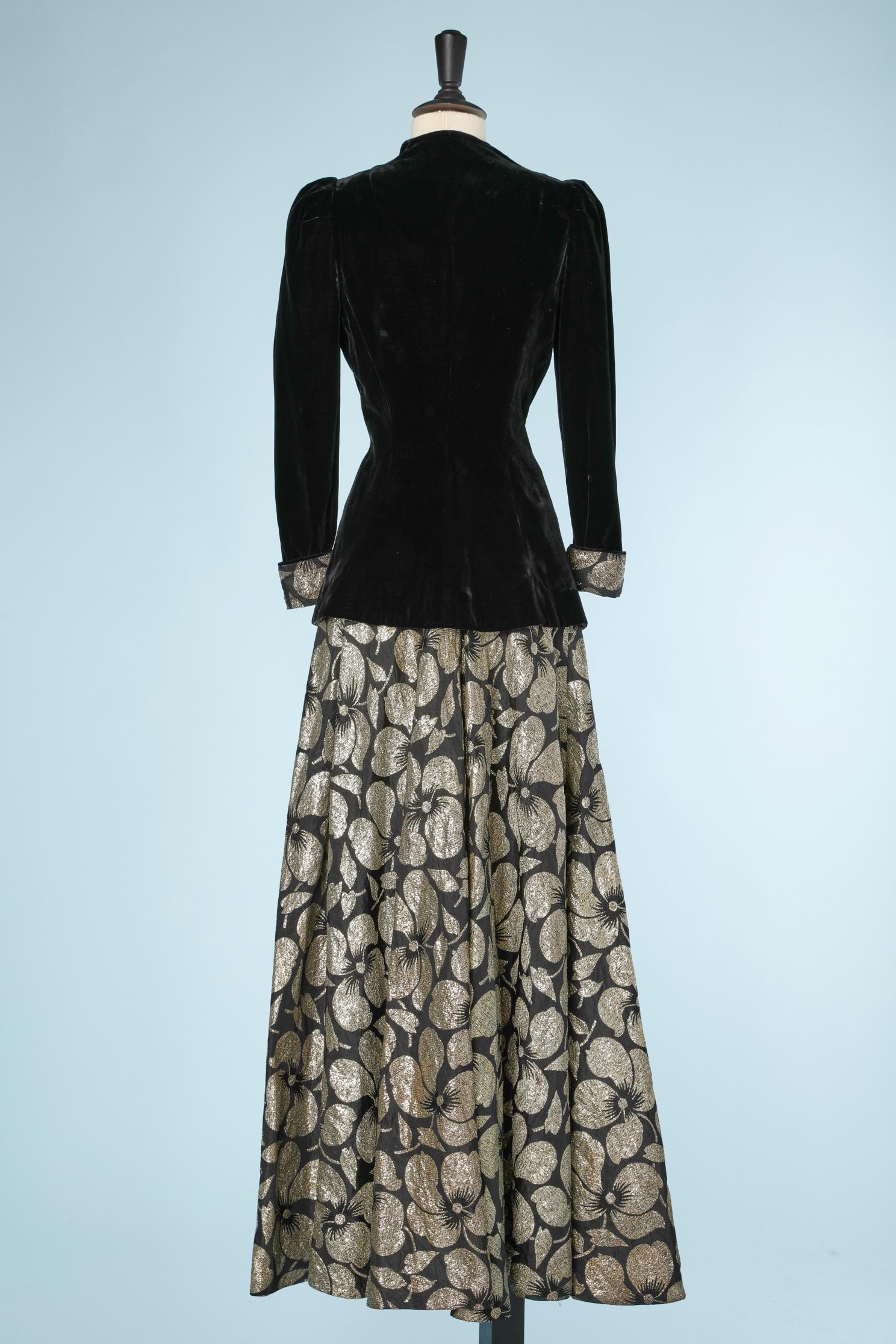 Women's Evening long skirt-suit in black velvet and gold lurex brocade dress For Sale