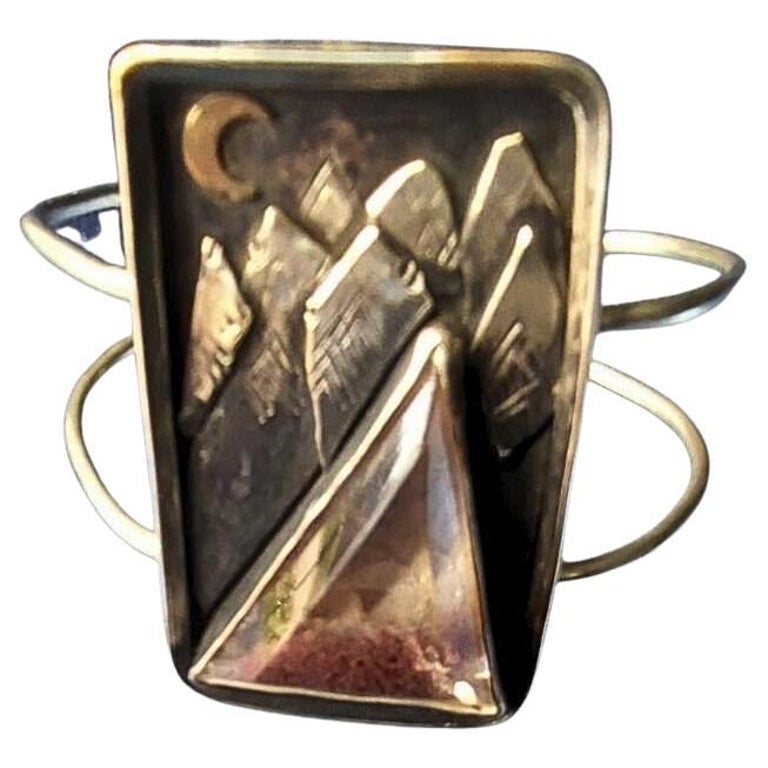Evening Mountain Scene Silver and Gemstone Cuff Bracelet For Sale at