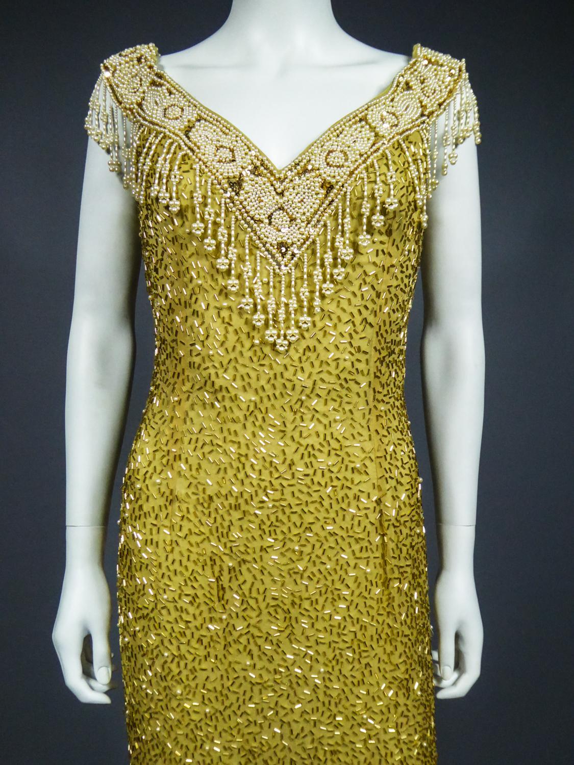 Brown A French Evening or Party Dress Embroidered With Pearls & sequins Circa 1980