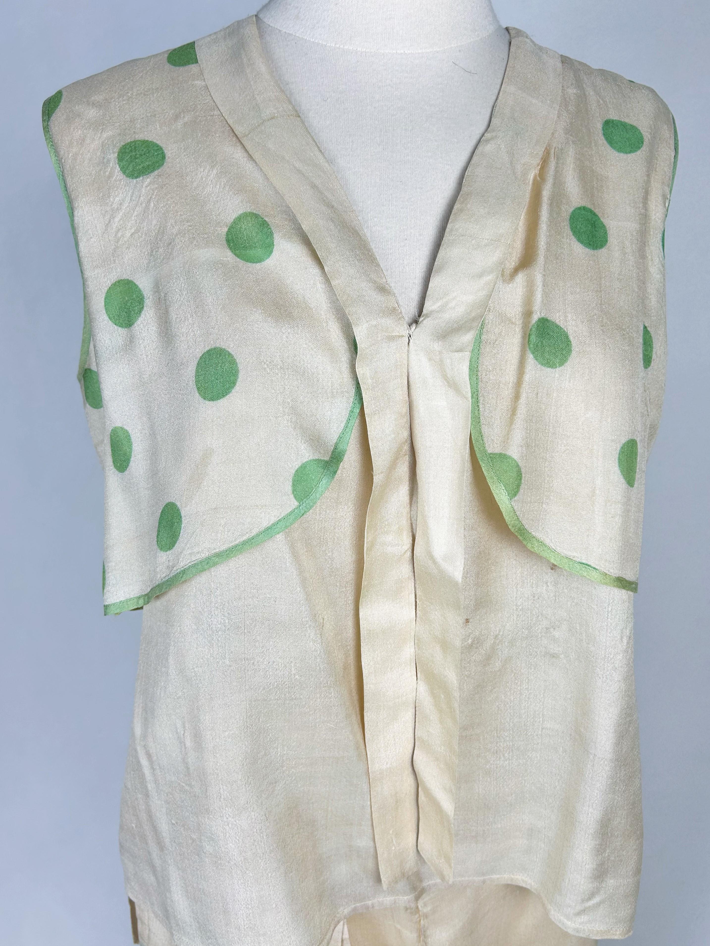 Pyjama du soir en soie imprimée à pois verts - France Circa 1930 Bon état - En vente à Toulon, FR