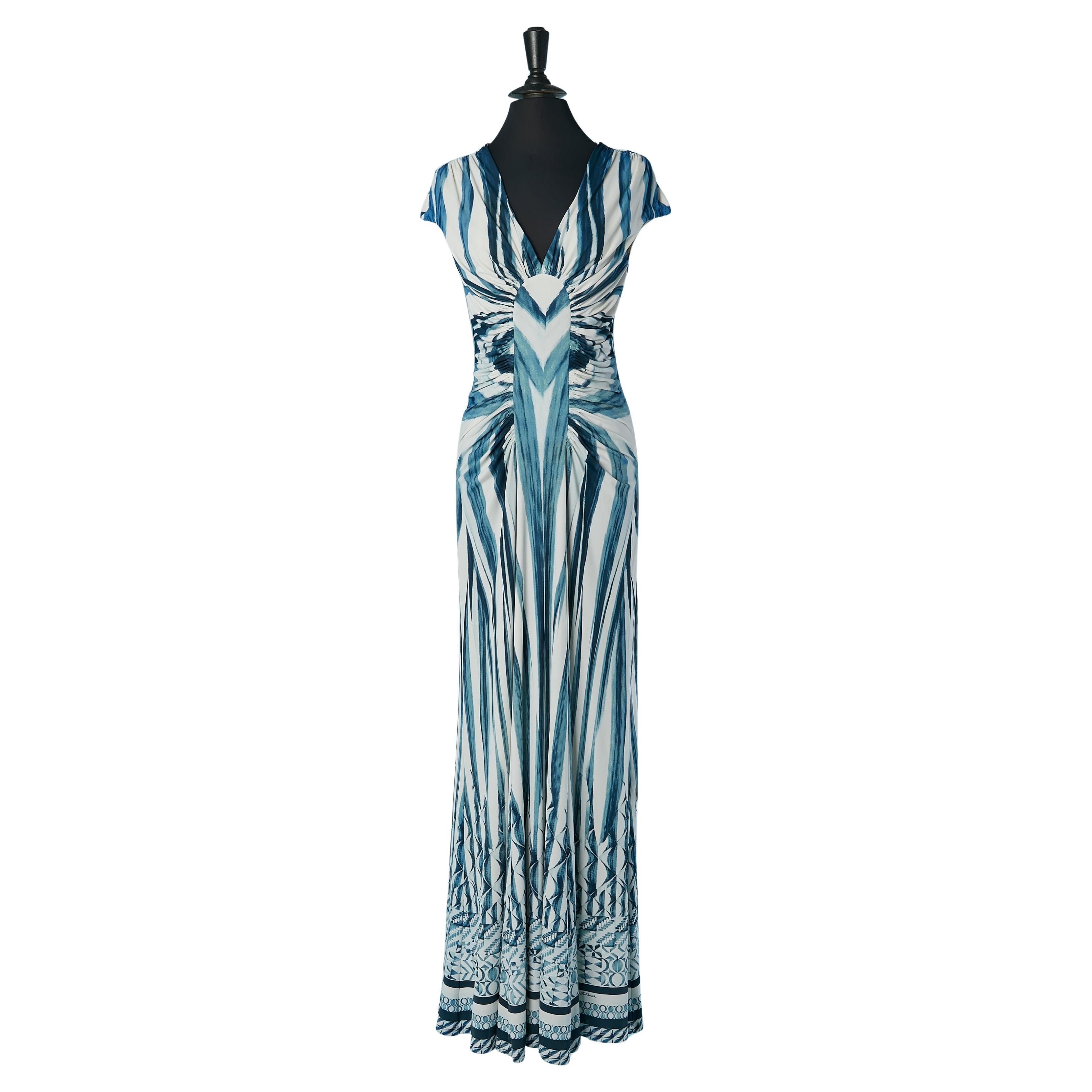 Evening printed dress with cut-work and gather on the front Roberto Cavalli For Sale