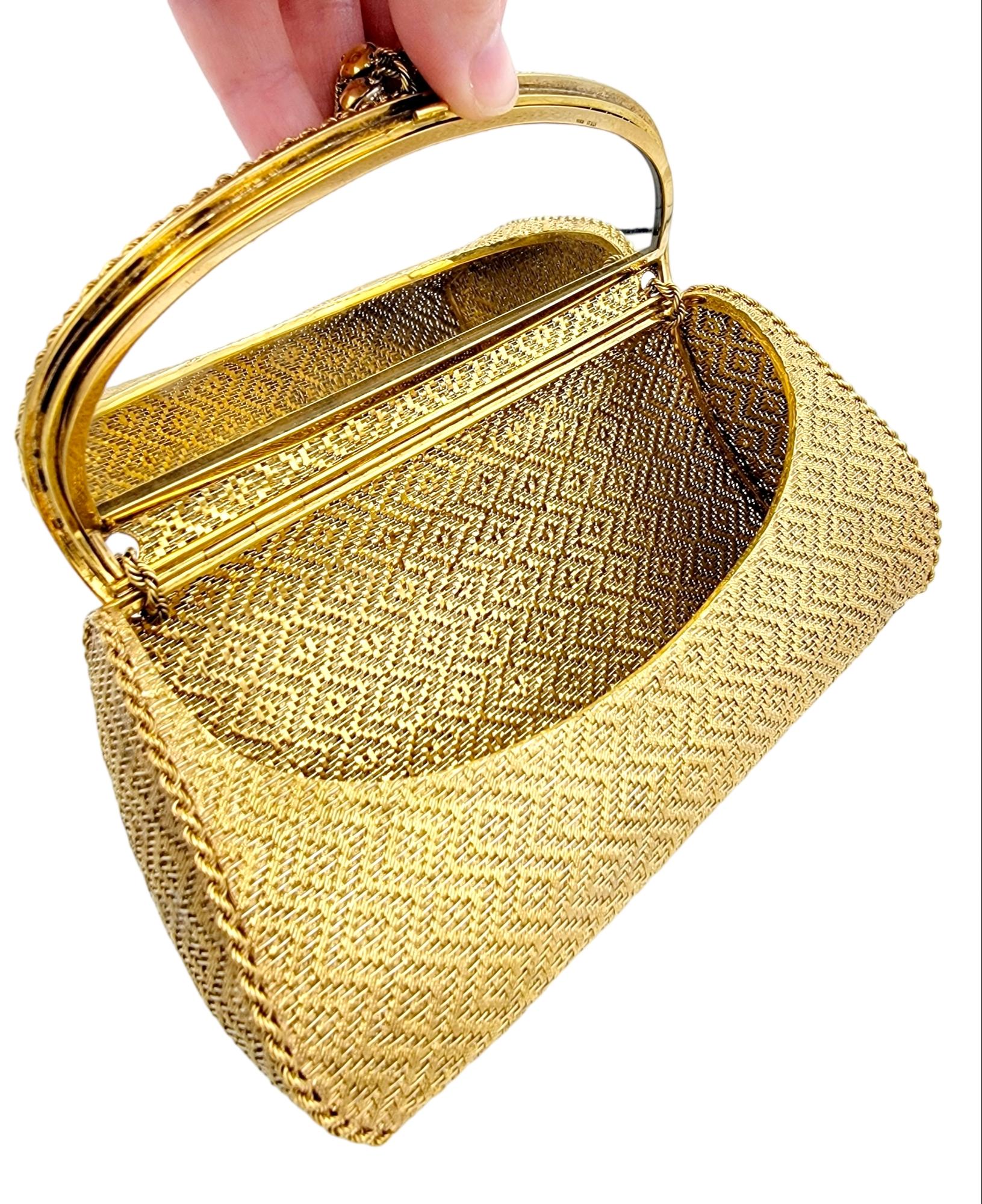 Women's Vintage Evening Purse 18 Karat Yellow Gold Woven Solid Bag Diamond Pave Tassles