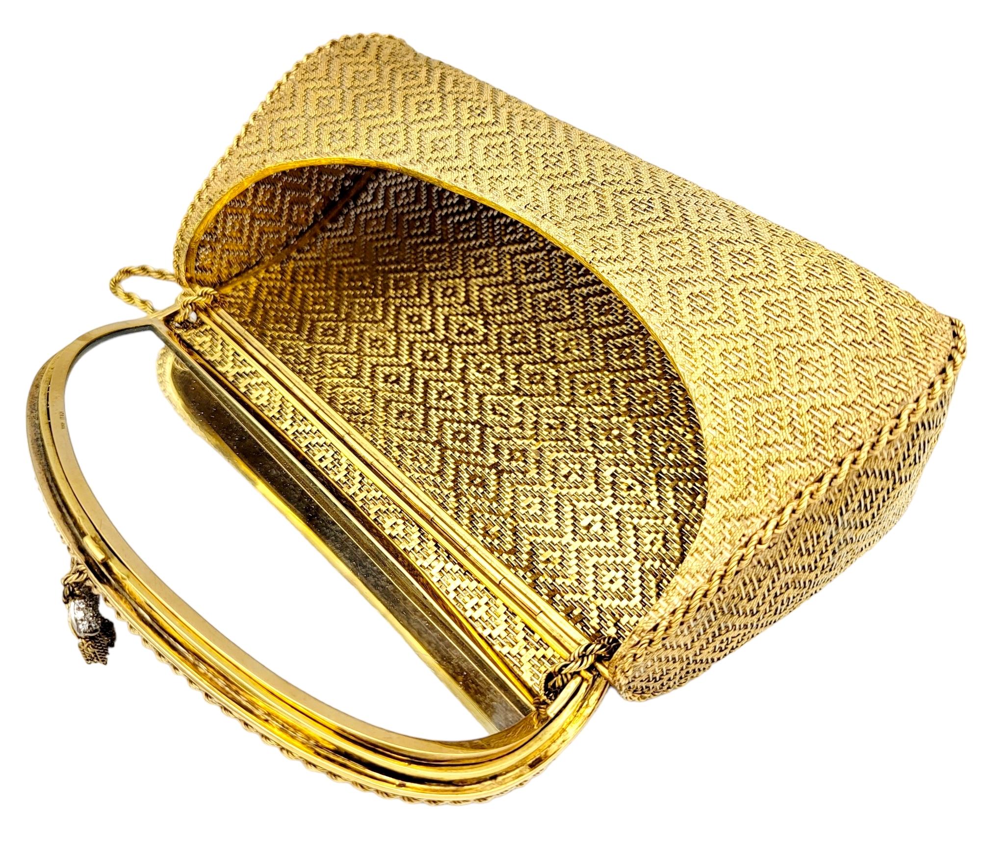 Vintage Evening Purse 18 Karat Yellow Gold Woven Solid Bag Diamond Pave Tassles 1