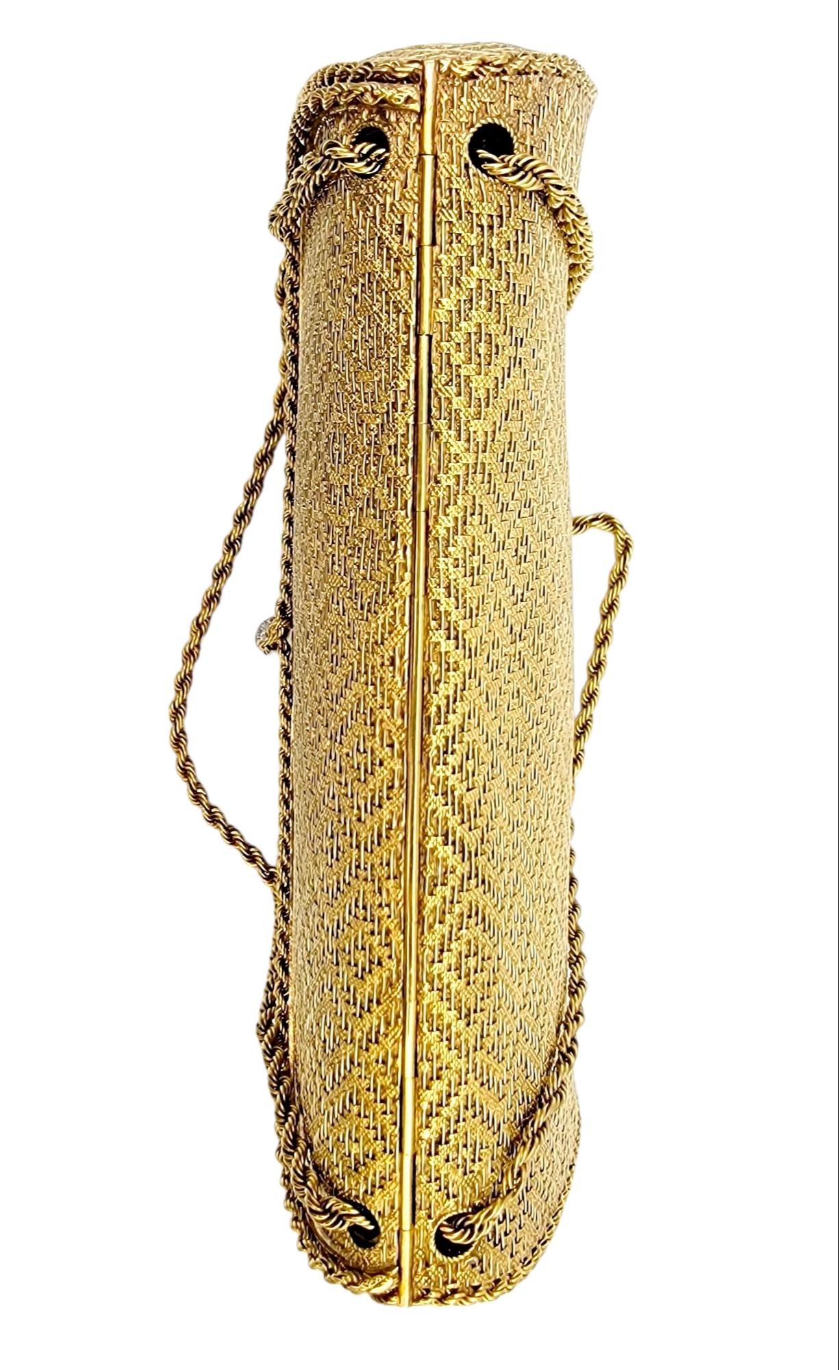 Round Cut Vintage Evening Purse 18 Karat Yellow Gold Woven Solid Bag Diamond Pave Tassles