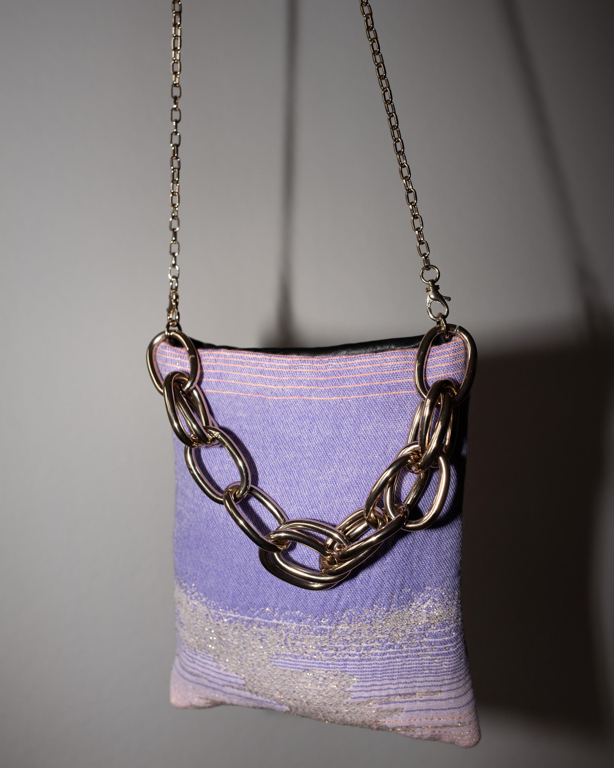 Evening Shoulder Bag Pastel Lilac Pink Lurex  Black Leather Gold Chunky Chain In New Condition In Los Angeles, CA