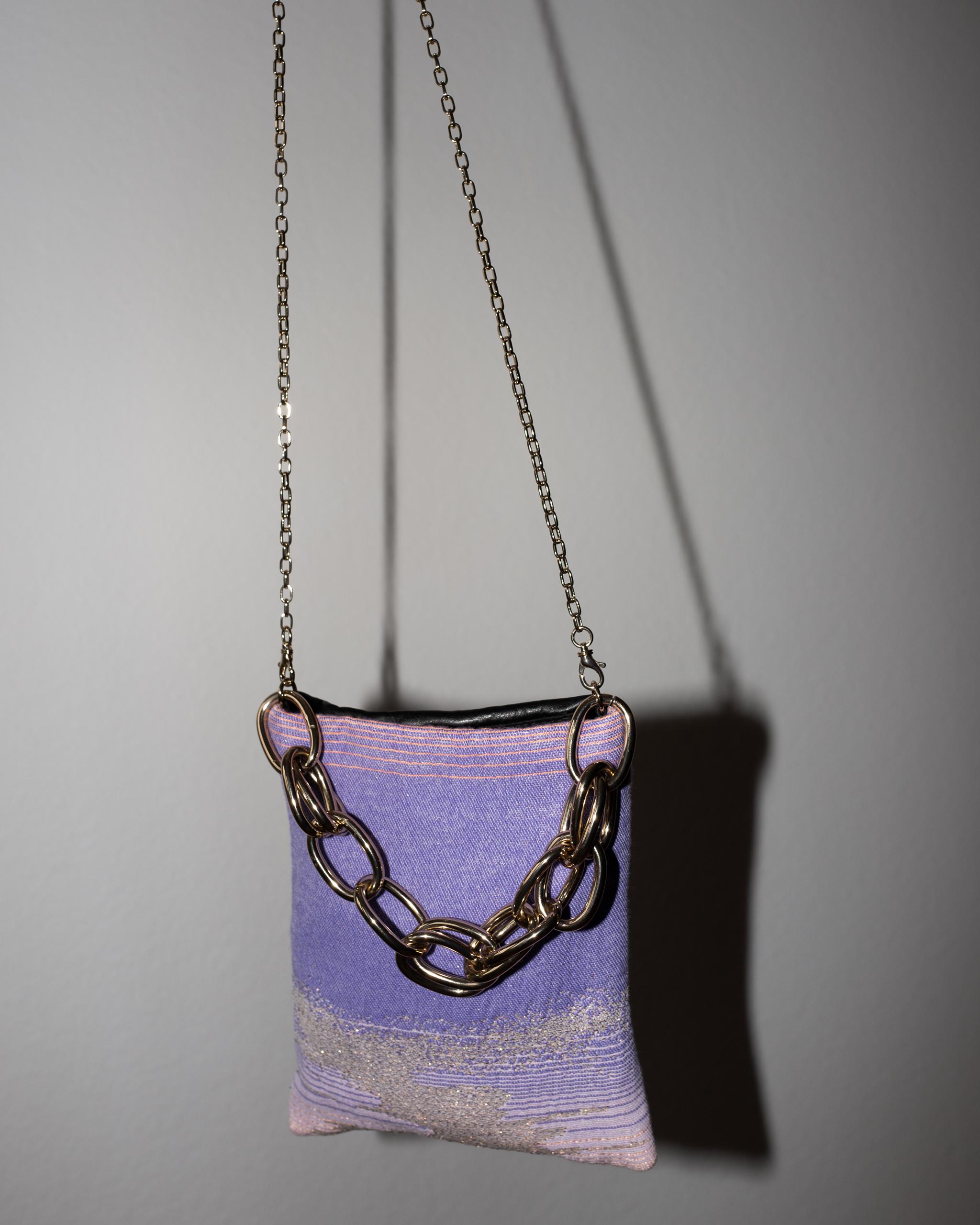Women's Evening Shoulder Bag Pastel Lilac Pink Lurex  Black Leather Gold Chunky Chain