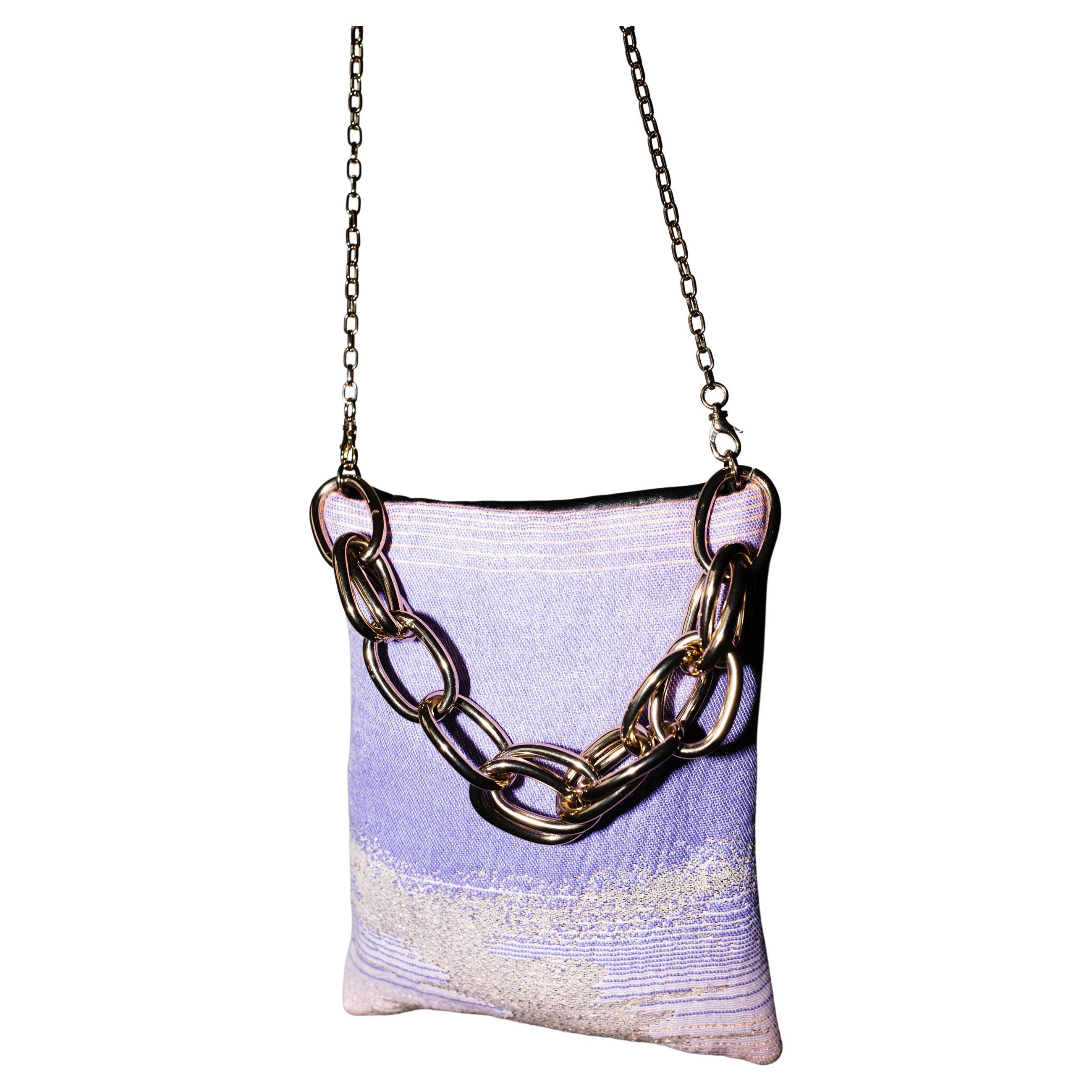 Evening Shoulder Bag Lilac Gold Lurex Italian Black Leather Gold Chunky Chain