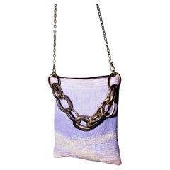 Evening Shoulder Bag Lilac Gold Lurex Italian Black Leather Gold Chunky Chain