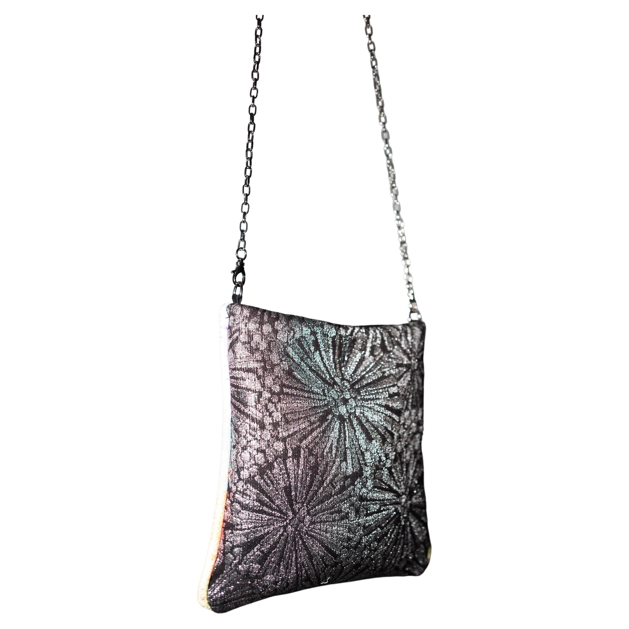 One of a kind Evening Shoulder Italian Palladium Plated Brass Chain Bag with Lurex Black Fabric on one side and  Italian Napa Leather on the other side and a Pastel Rainbow Trim J Dauphin

Size: Height 21 cm, Width 17 cm, Length of Chain including