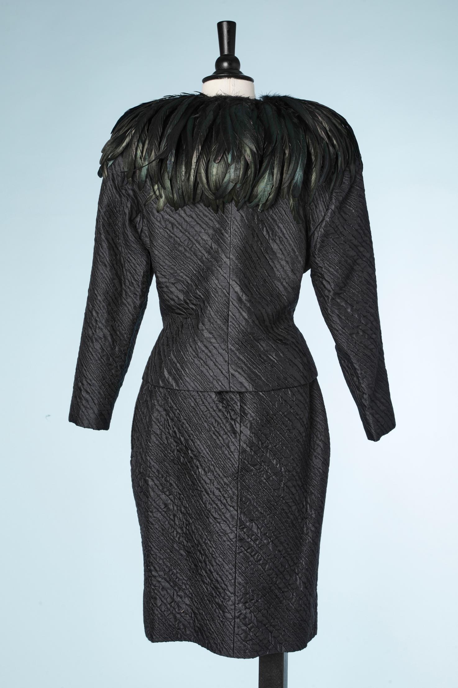 Evening silk jacquard skirt suit with feathers collar Saint Laurent Rive Gauche  For Sale 3