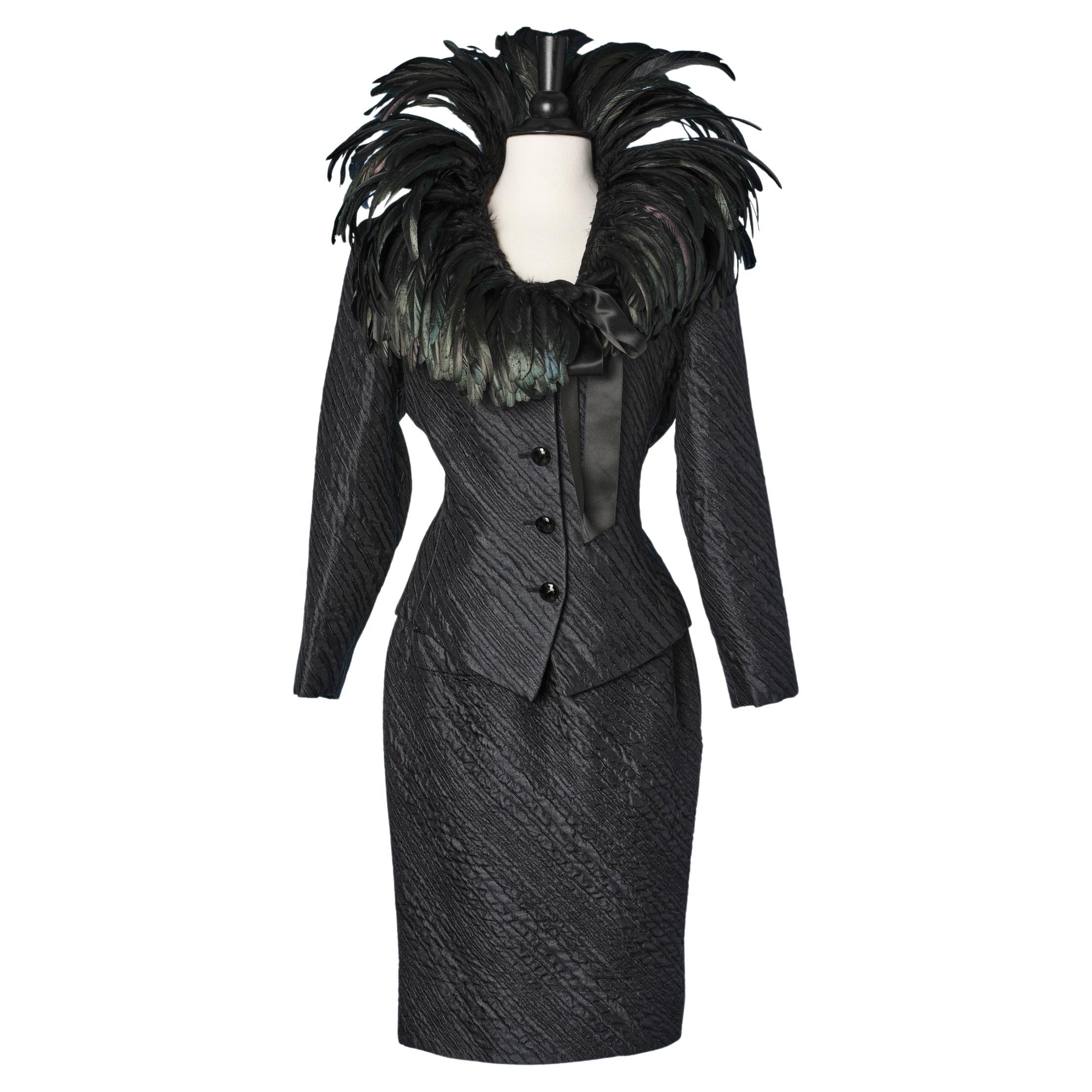 Evening silk jacquard skirt suit with feathers collar Saint Laurent Rive Gauche  For Sale