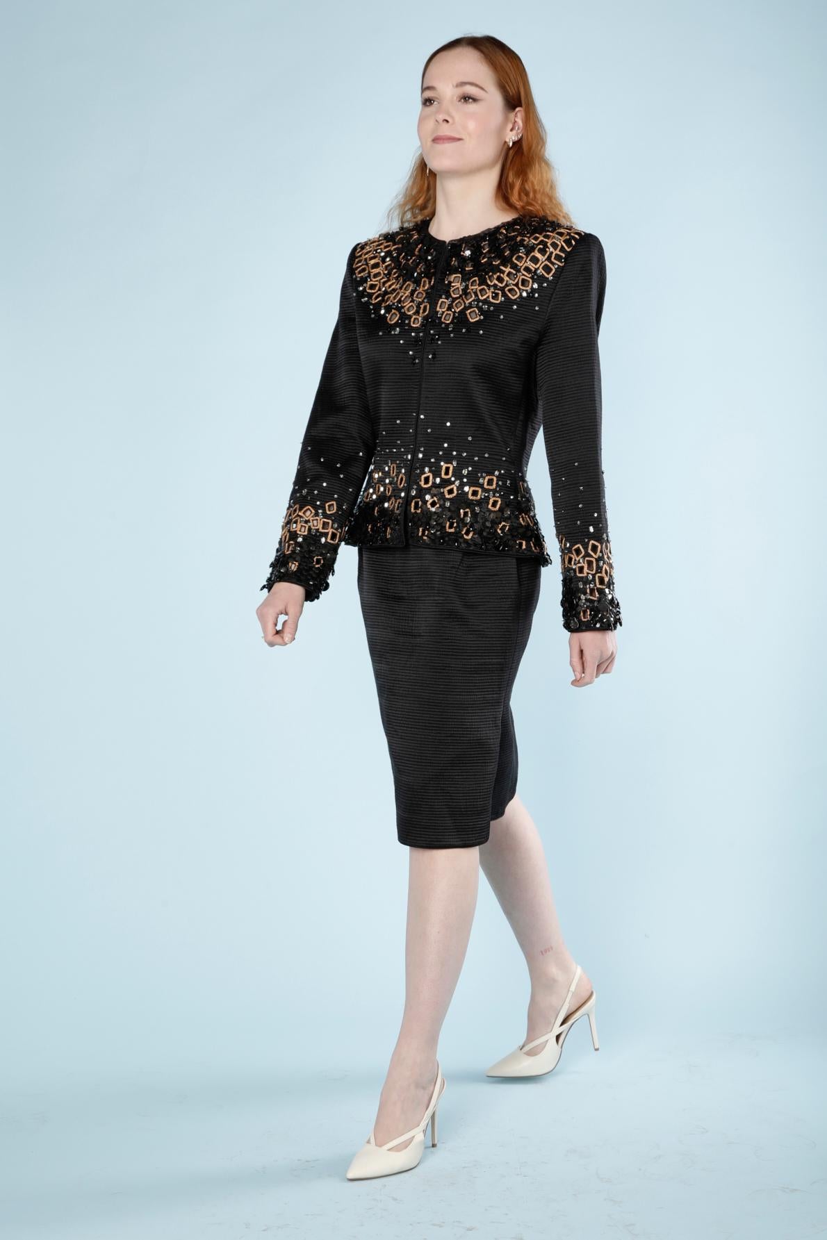 Evening skirt suit with sequin ,rhinestone embroidered and gold threads.
Mary McFadden for Neiman Marcus 
SIZE 38
