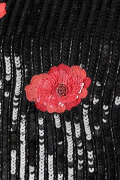 Evening top in black sequins and red flowers embroidered André Laug