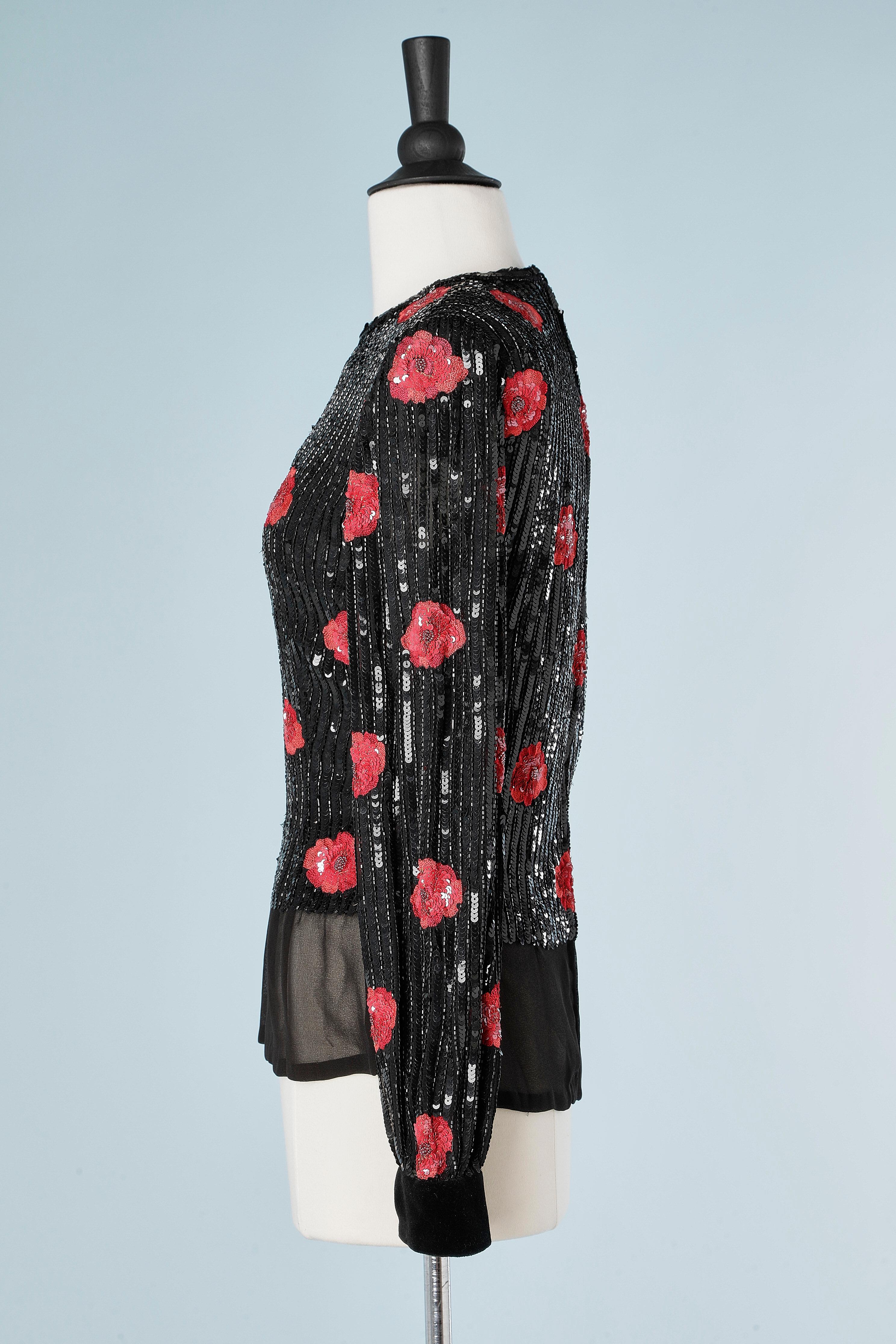 Women's Evening top in black sequins and red flowers embroidered André Laug For Sale