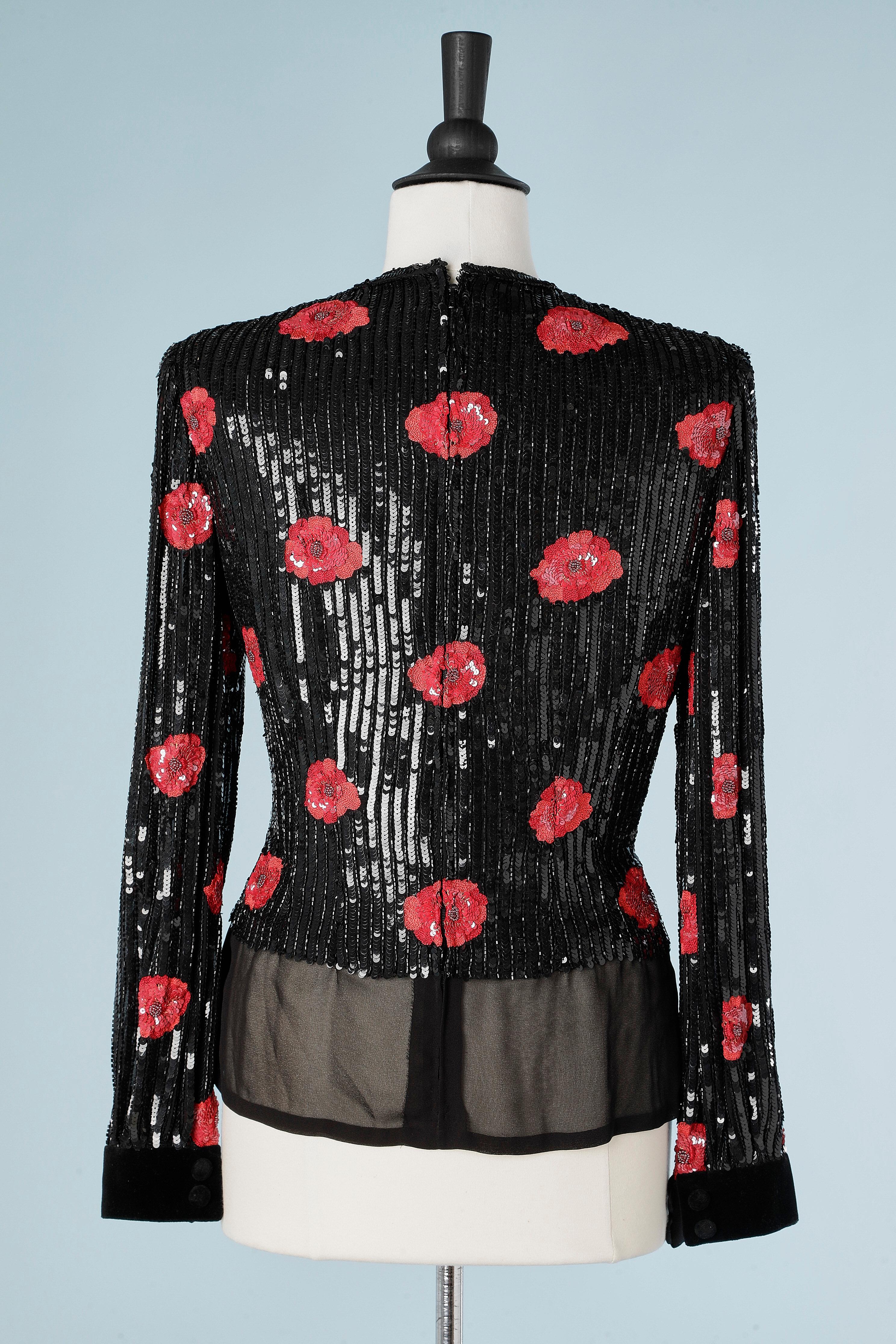 Evening top in black sequins and red flowers embroidered André Laug For Sale 1