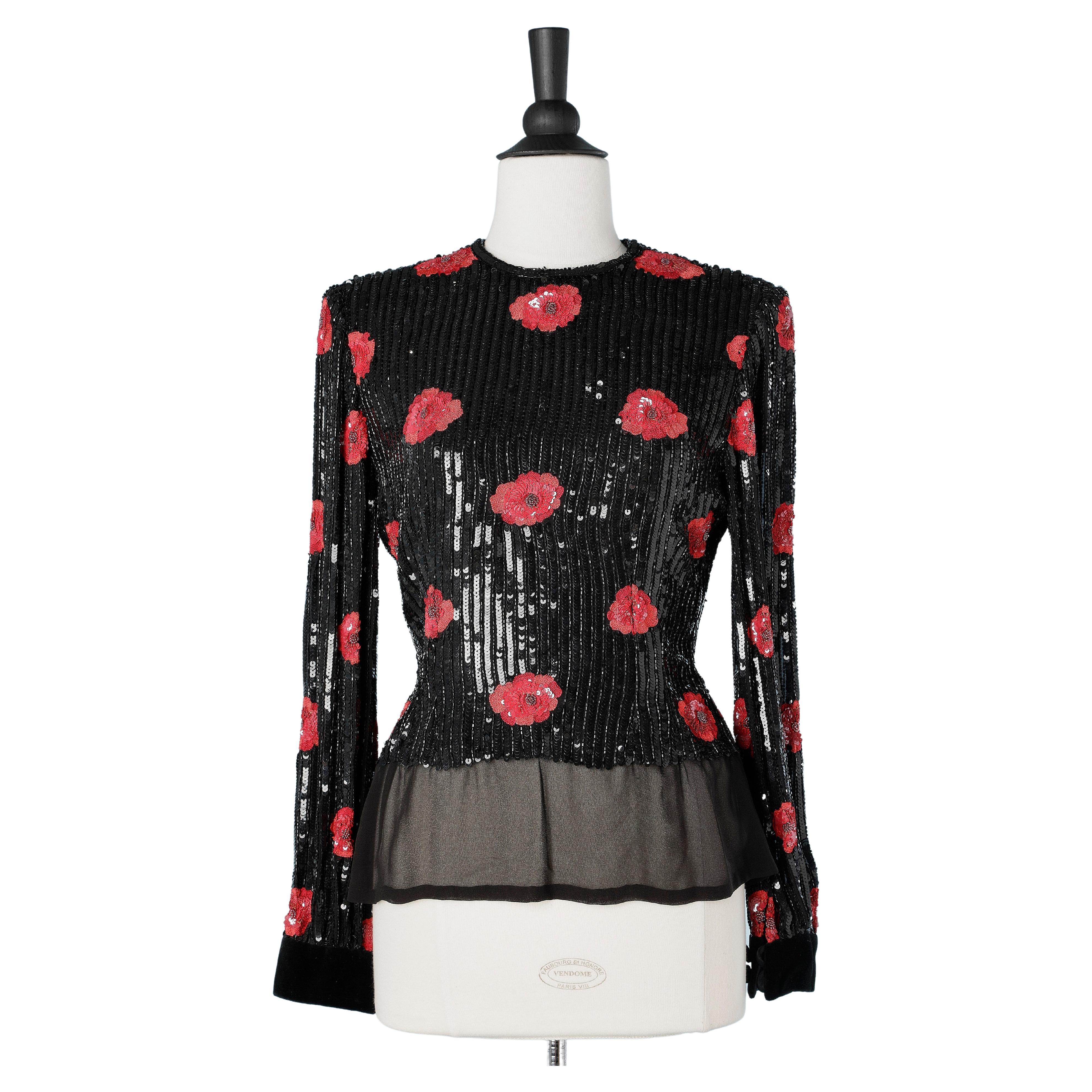 Evening top in black sequins and red flowers embroidered André Laug For Sale