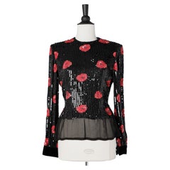 Evening top in black sequins and red flowers embroidered André Laug
