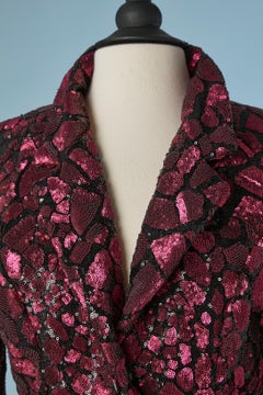 Evening trouser-suit in black and pink sequin on a tulle base "Disco " style