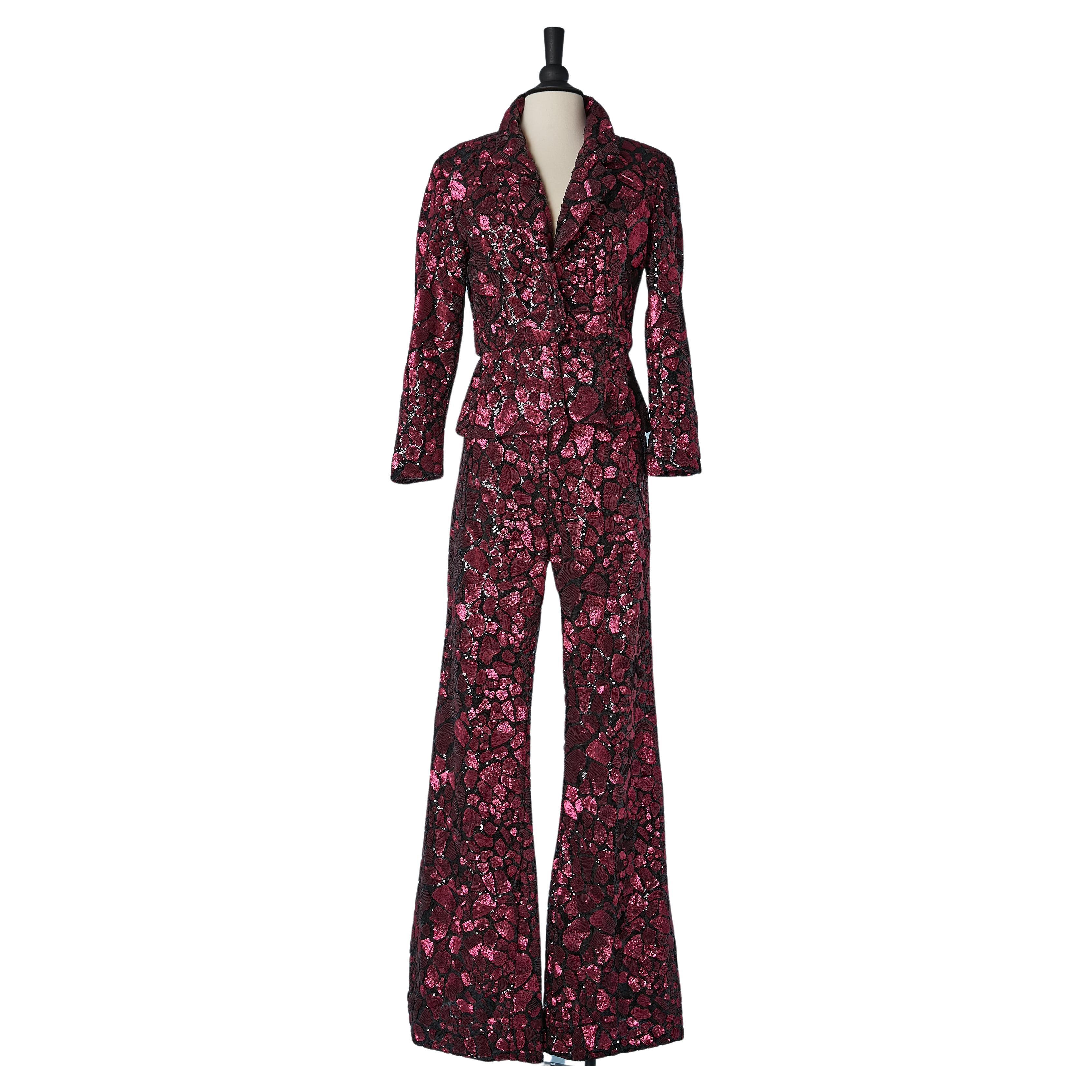 Evening trouser-suit in black and pink sequin on a tulle base "Disco " style  For Sale