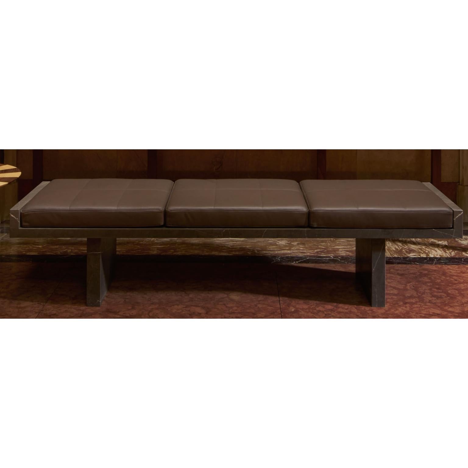 Ever Bench by Kreoo 
Designed by Christophe Pillet
Dimensions: D 45 x W 190 x H 43 cm.
Materials: Persian grey marble and leather.

Available in different marble and travertine options. Please contact us.

The softness of pebbles worked by the