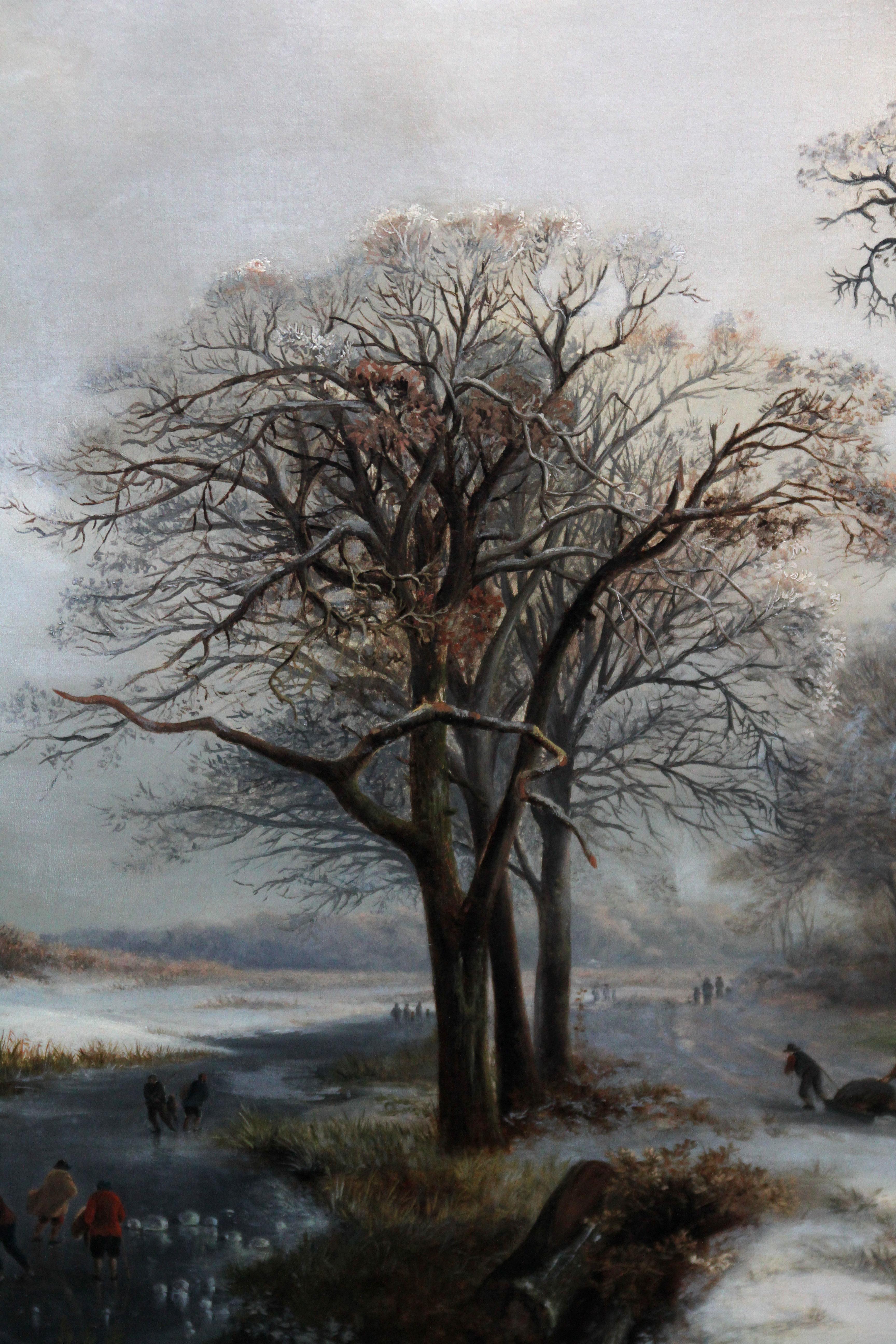 This charming Dutch Romantic Golden Age picturesque winter landscape oil painting is by Everardus Benedictus Gregorius Pagano Mirani. It was painted in 1848 and is signed and dated lower right. The composition is a lovely bright snow scene of a