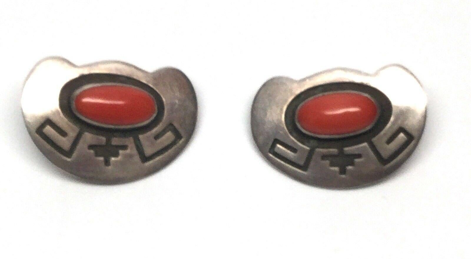 Women's Everett and Mary Teller Navajo Sterling Silver Coral Clip Earrings