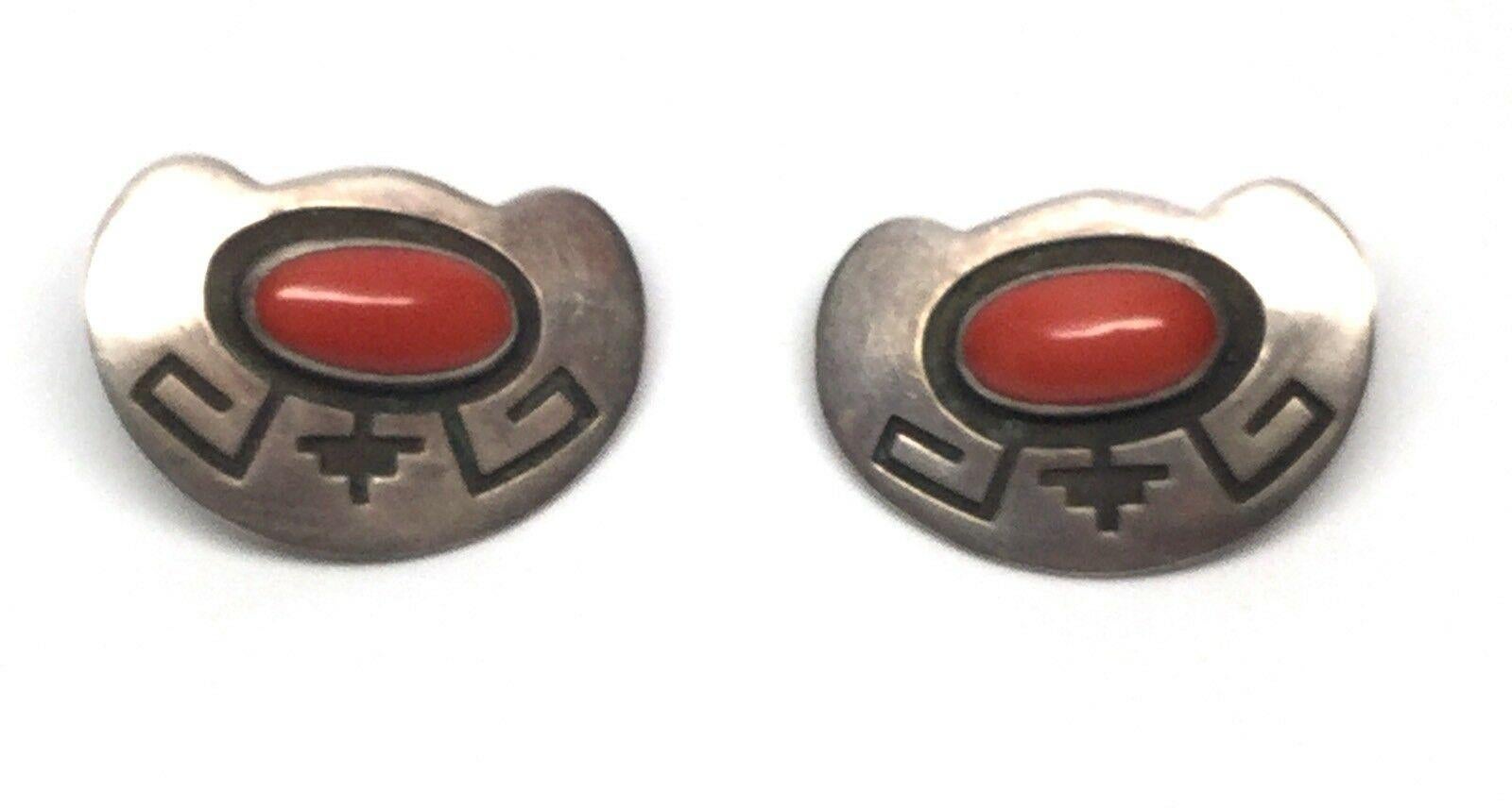Everett and Mary Teller Navajo Sterling Silver Coral Clip Earrings 1
