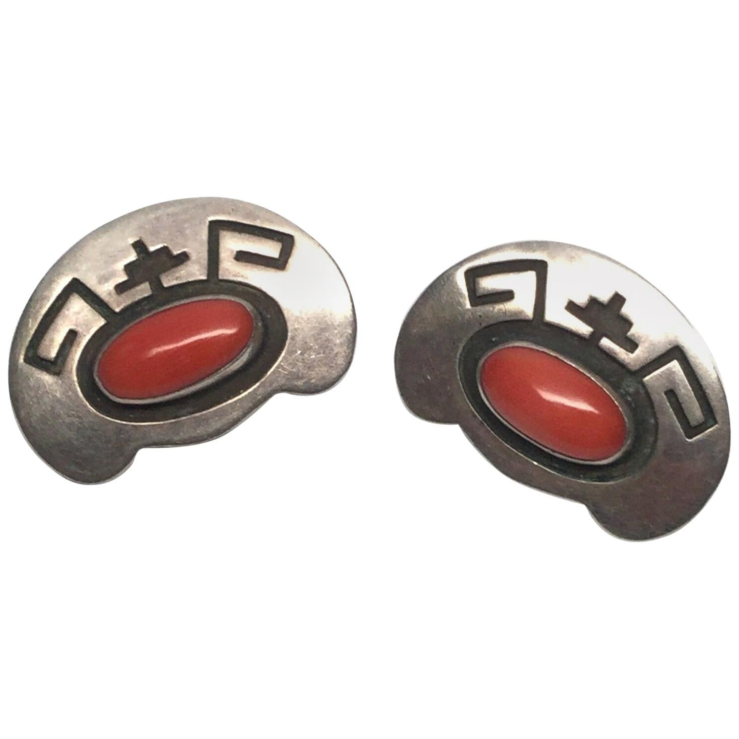 Everett and Mary Teller Navajo Sterling Silver Coral Clip Earrings