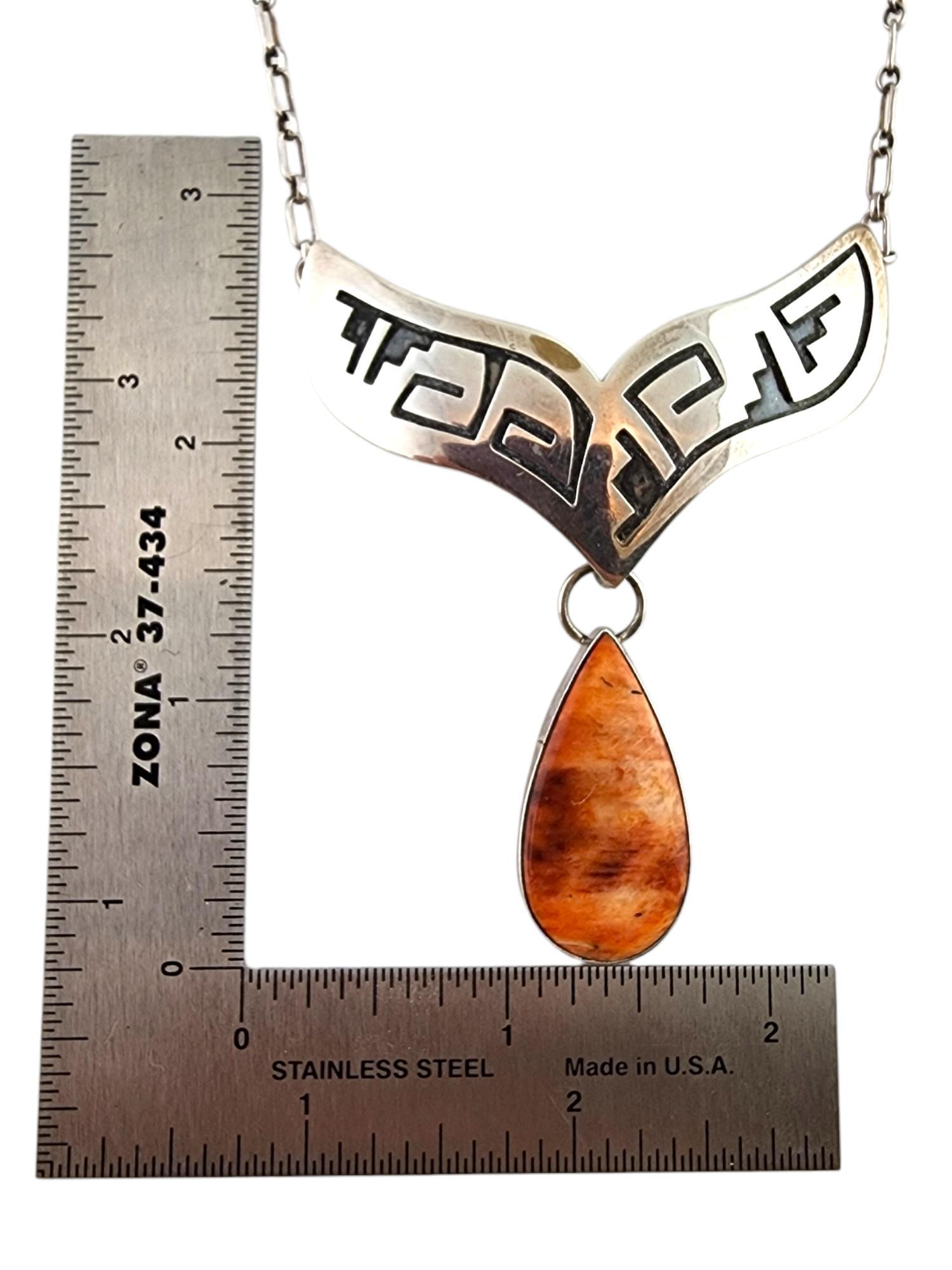 Everett & Mary Teller Sterling Orange Spiny Oyster Whale Tail Necklace #20083 1