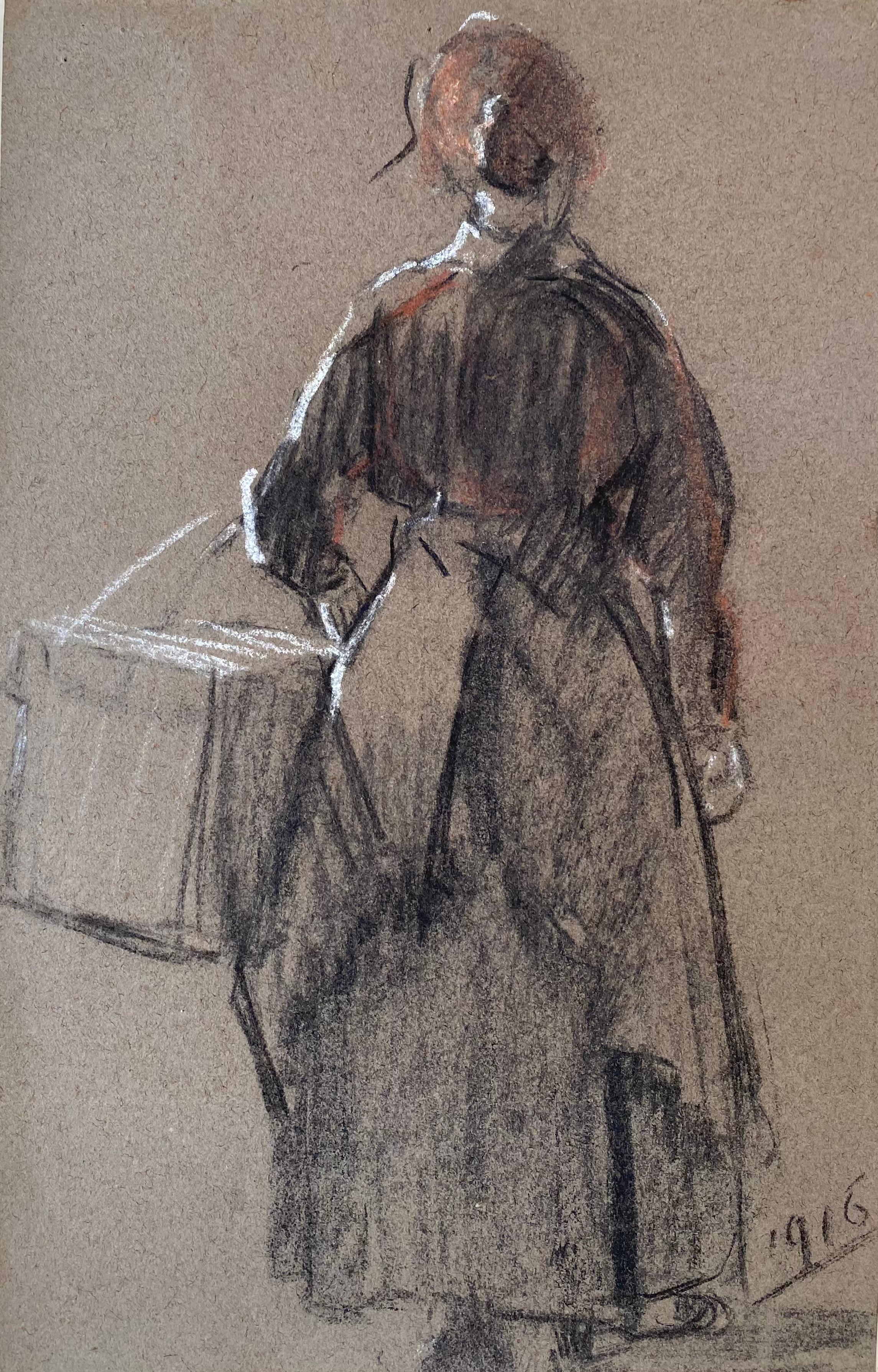 Original drawing of a woman heading to market by the well known American artist, Everett Shinn.  Mixed media work created with charcoal, pastel and gouache. Signed with the artist’s initials lower right and dated 1916. Condition is very good. Under