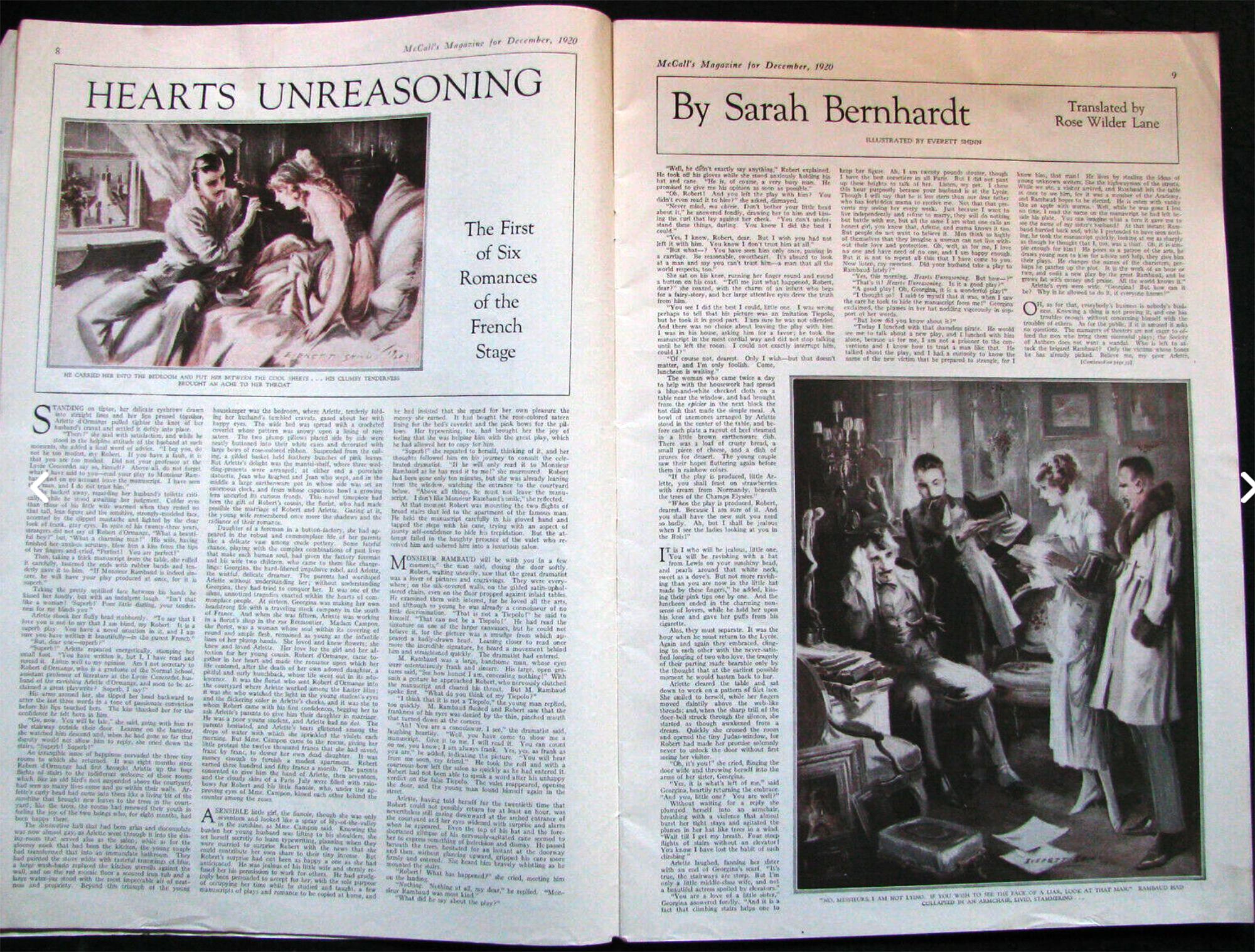 Das unvernünftige Herz, von Sarah Bernhardt Die erste von sechs Romanzen der französischen Bühne - 
    McCall's Magazine, Dezember 1920, Innenillustration.  Das Werk ist thematisch mit Shinns berühmten Bühnenbildern verwandt. Öl auf Karton,