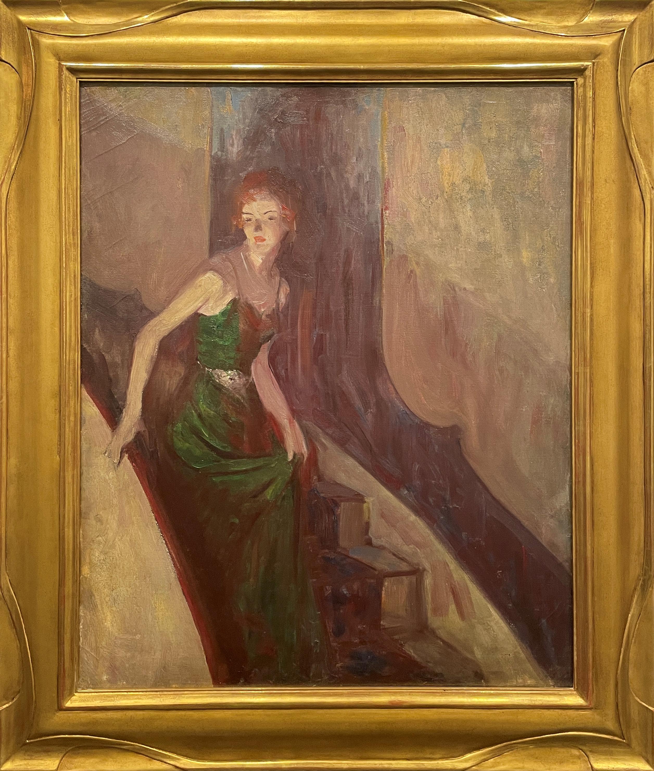Everett Shinn
Woman on a Staircase, Sketch, circa 1935
Signed on the reverse and on the stretcher
Oil on canvas
30 x 25 inches

Everett Shinn, a future member of the Eight and remarkable, rather theatrical personality was born at Woodstown, New