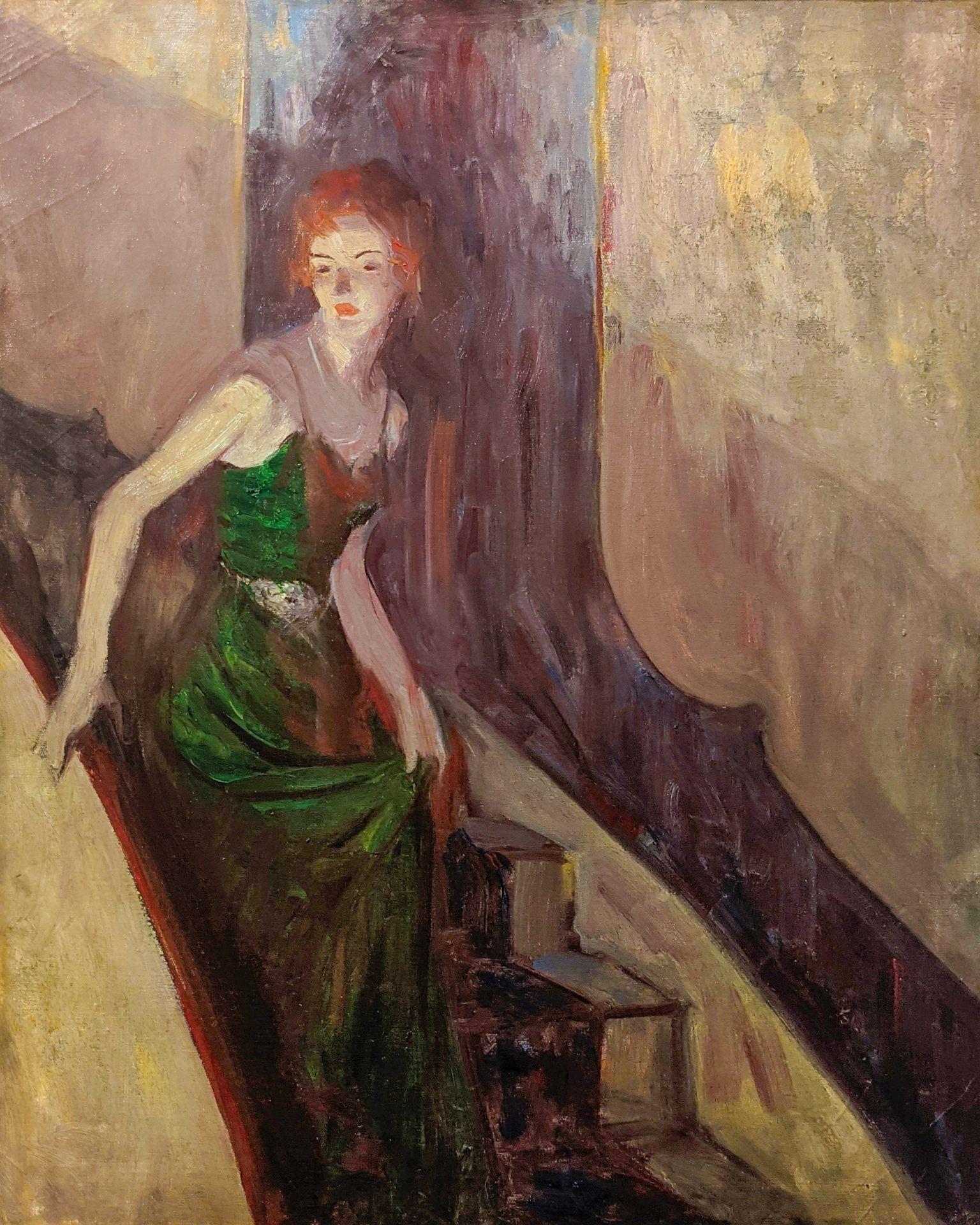 Everett Shinn
Frau auf einer Treppe, Skizze, ca. 1935
Signiert auf der Rückseite und auf dem Keilrahmen
Öl auf Leinwand
30 x 25 Zoll

Everett Shinn, ein zukünftiges Mitglied der Acht und bemerkenswerte, eher theatralische Persönlichkeit, wurde 1873