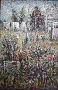 "Bee Hives With Rider"  Bicyclist 36 x 24 Texas Finest Mid Century Modernist